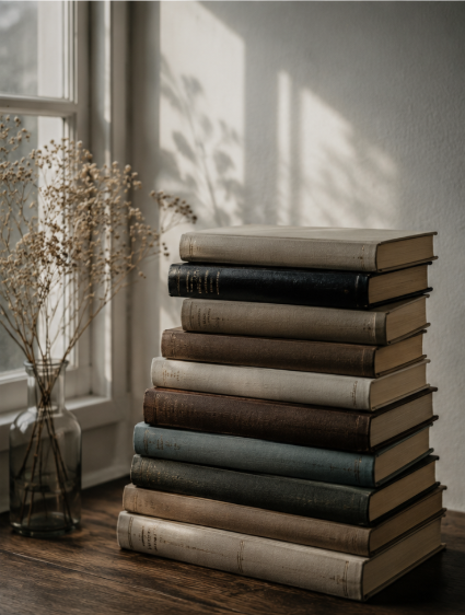 Stack of hardcover books on a wooden table next to a window with plant shadows.