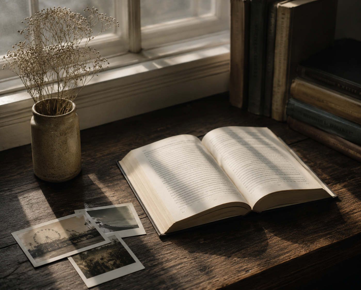A wooden desk near a window with sunlight shining on it, holding an open book, a small dried flower bouquet in a ceramic vase, and a few black and white photographs, with a stack of books on the right.