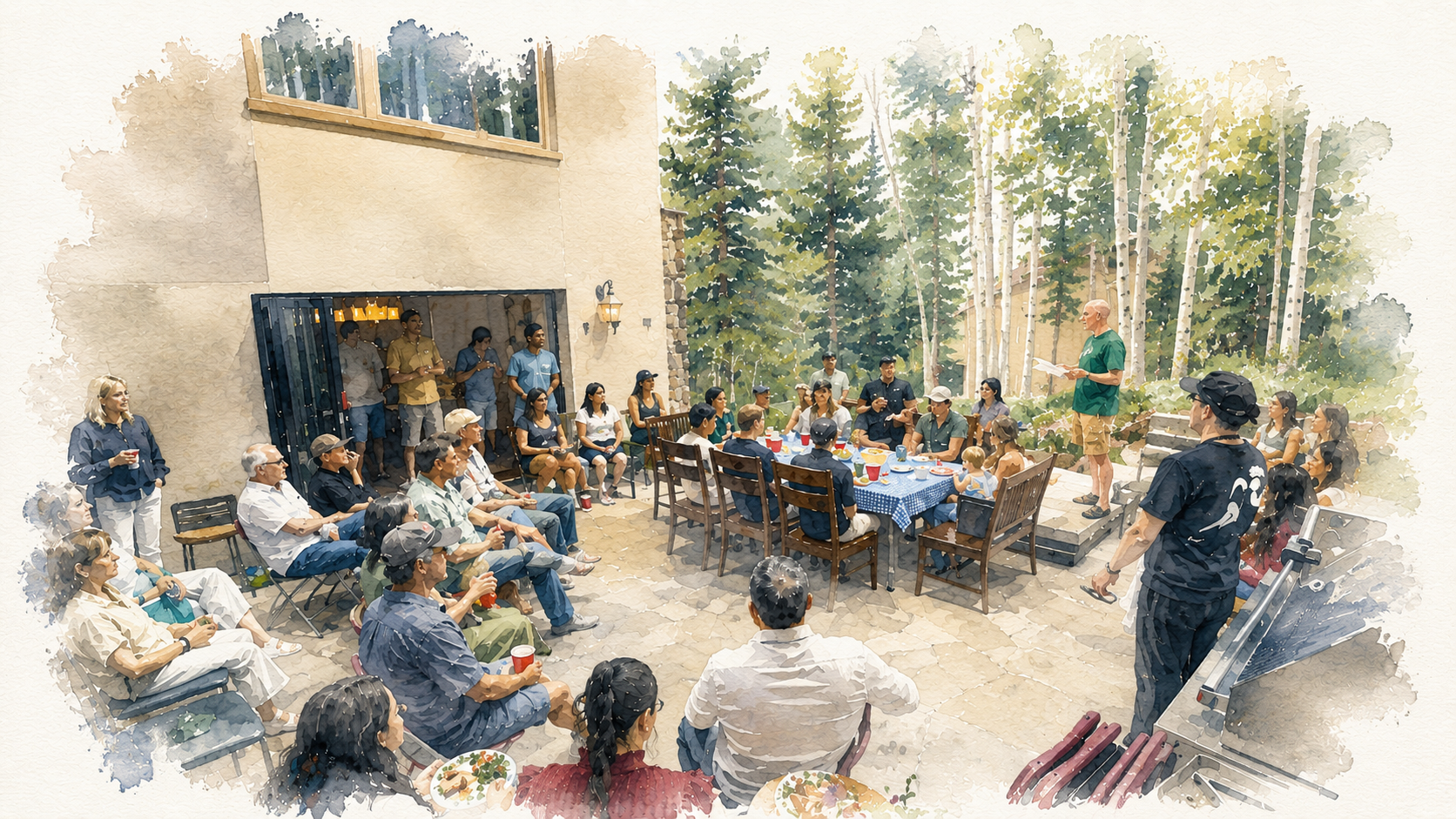 A large outdoor gathering with people seated around a table and on chairs in a wooded area, listening to a speaker, with others standing near a house and trees in the background. Ford Presidential Scholarship Fund