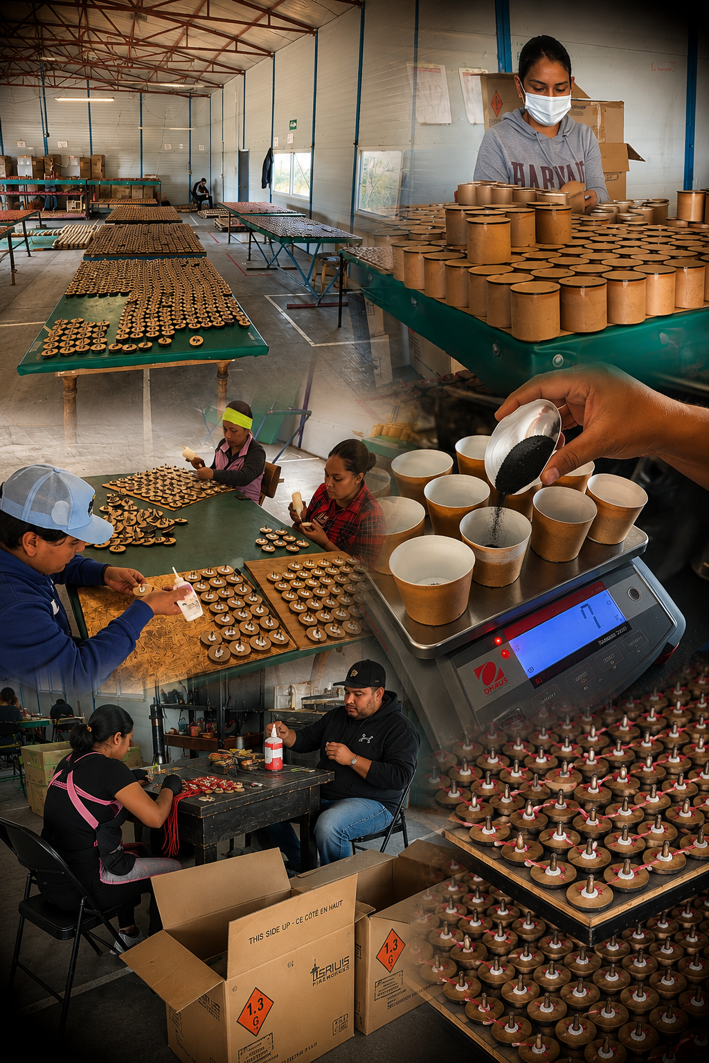 Workers inside a factory are making and packaging traditional Mexican clay pottery, including small painted ceramic pieces and clay figurines, while some workers are sealing or labeling the finished products.