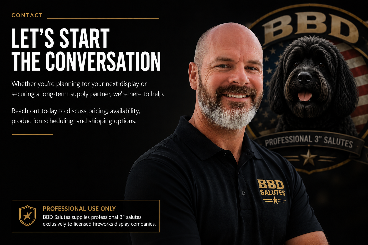 A man with a beard smiling, wearing a black polo shirt with BBD Salutes logo, standing in front of a dog and a BBD-themed backdrop. The backdrop has camouflage patterns, an American flag element, and the BBD logo with the words 'Professional 3'' Salutes'.
