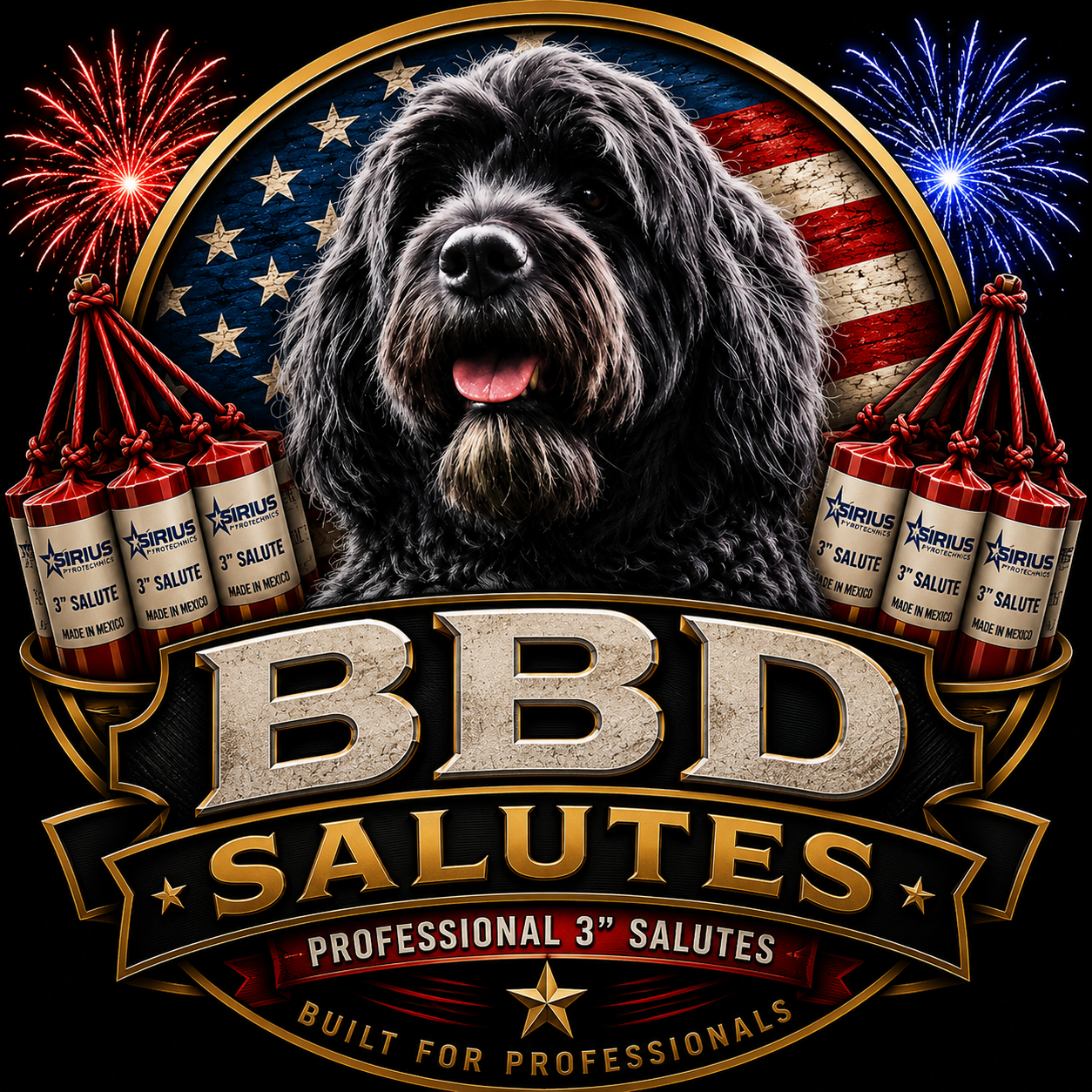 A logo featuring a black dog with gray fur, fireworks, and an American flag background, celebrating firefighter fireworks with the text 'BBD Salutes Professional 3-inch Salutes Built for Professionals.'