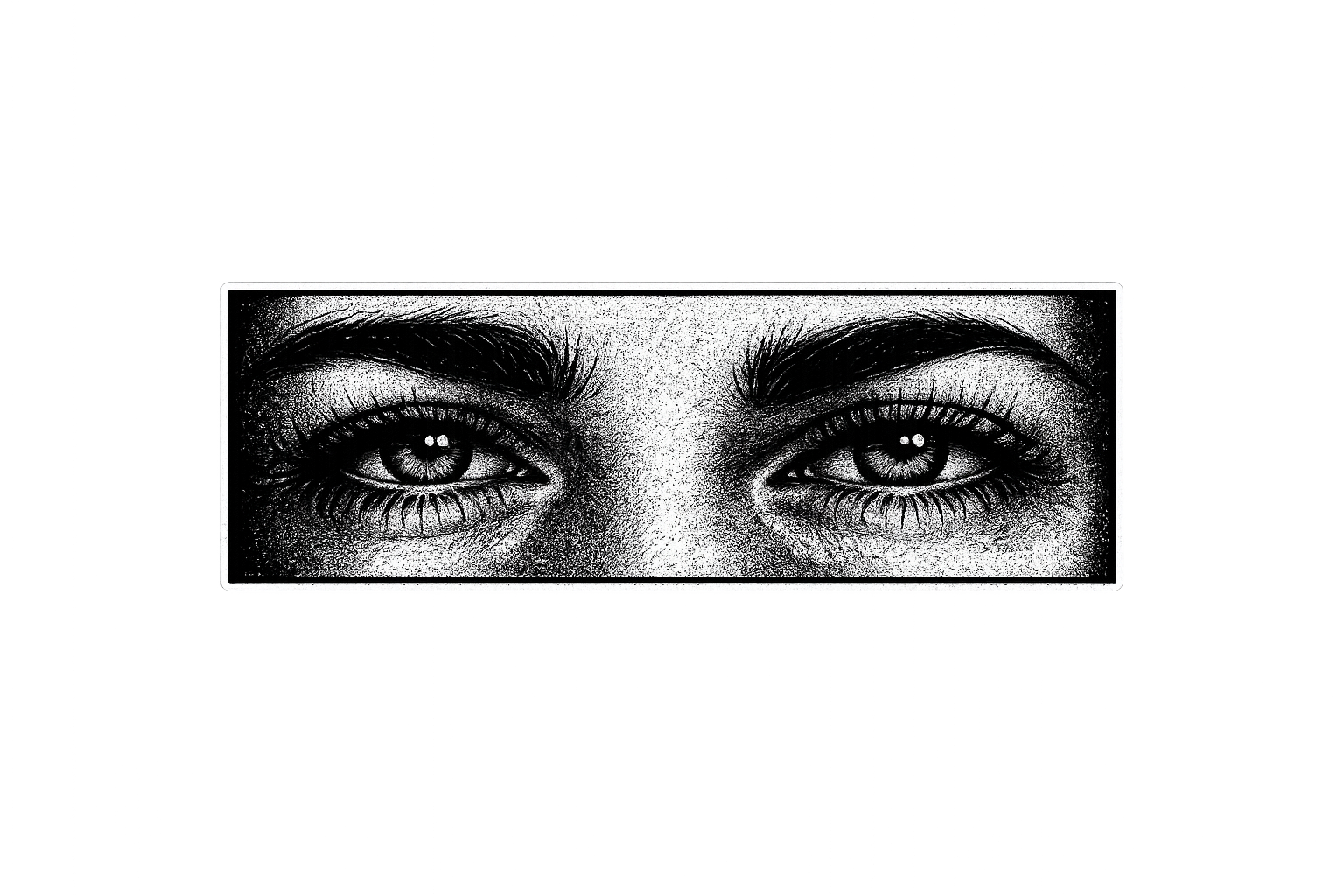 Close-up black-and-white drawing of a woman's eyes within a rectangular frame, set against a black background.