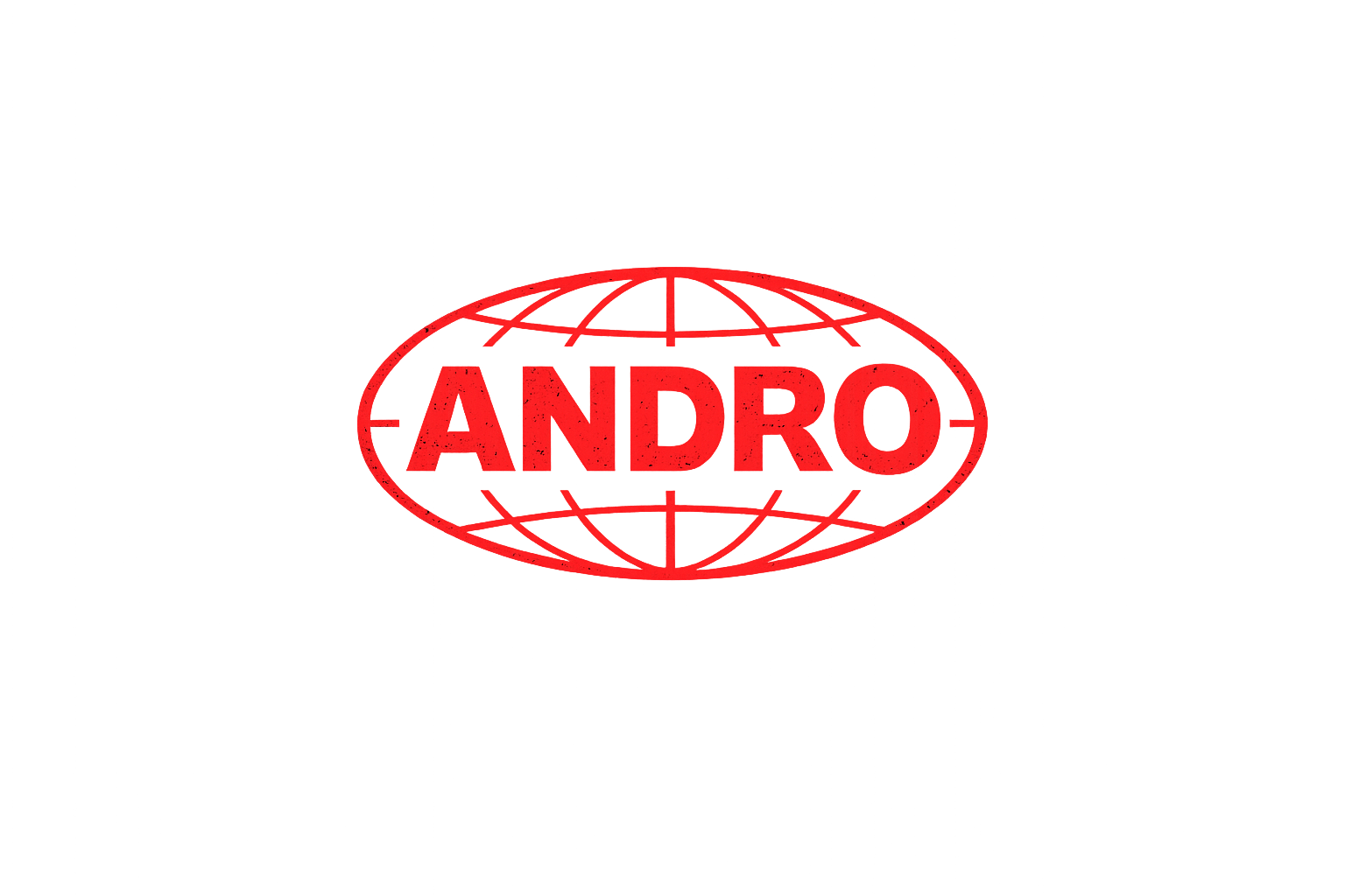 Red logo with the word "ANDRO" inside an oval and a globe outline behind it, connected by latitude and longitude lines.