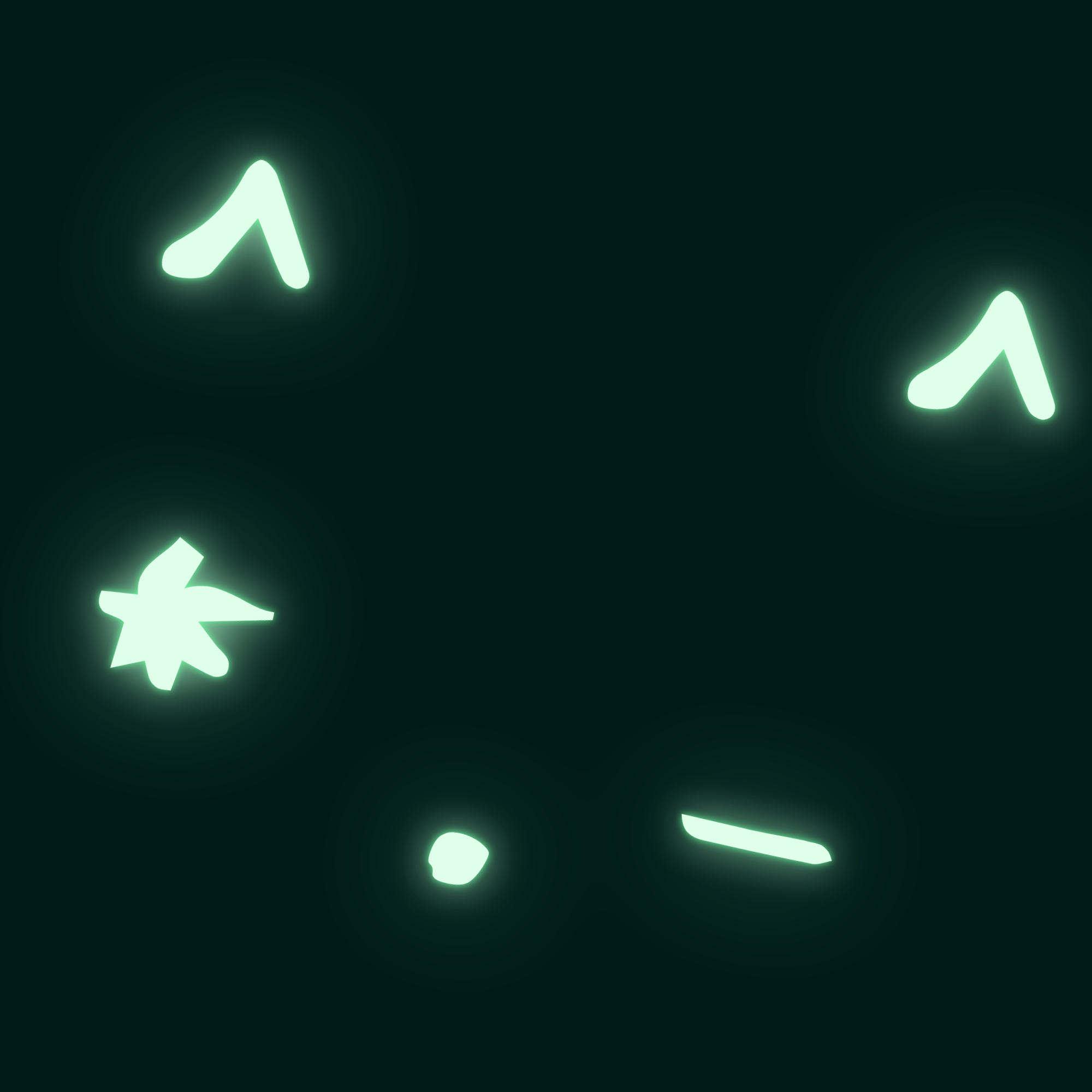 Neon green glowing symbols of a dollar sign, a small animal, a lightning bolt, and a triangle on a dark background.