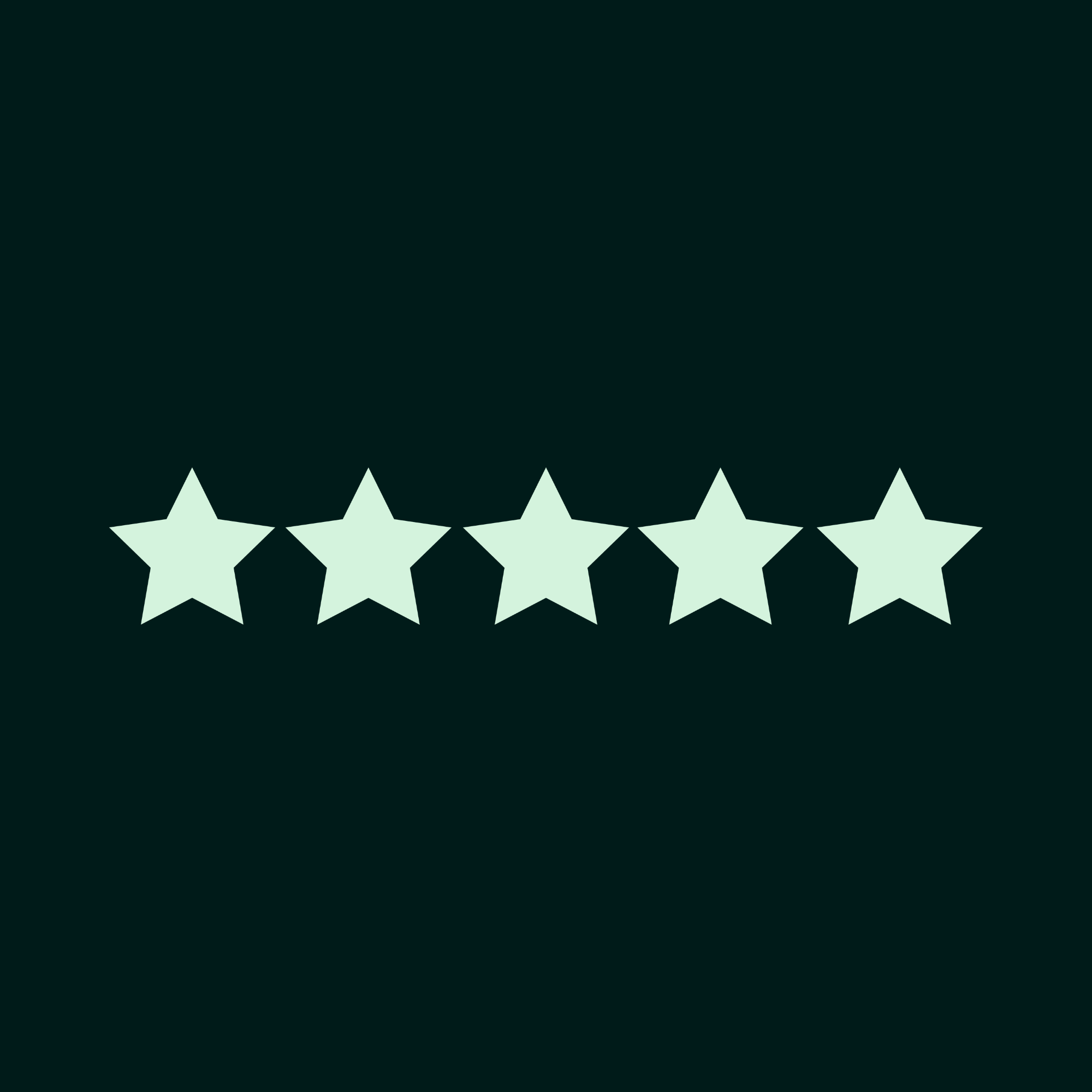 A row of 5 light green stars on a dark green background