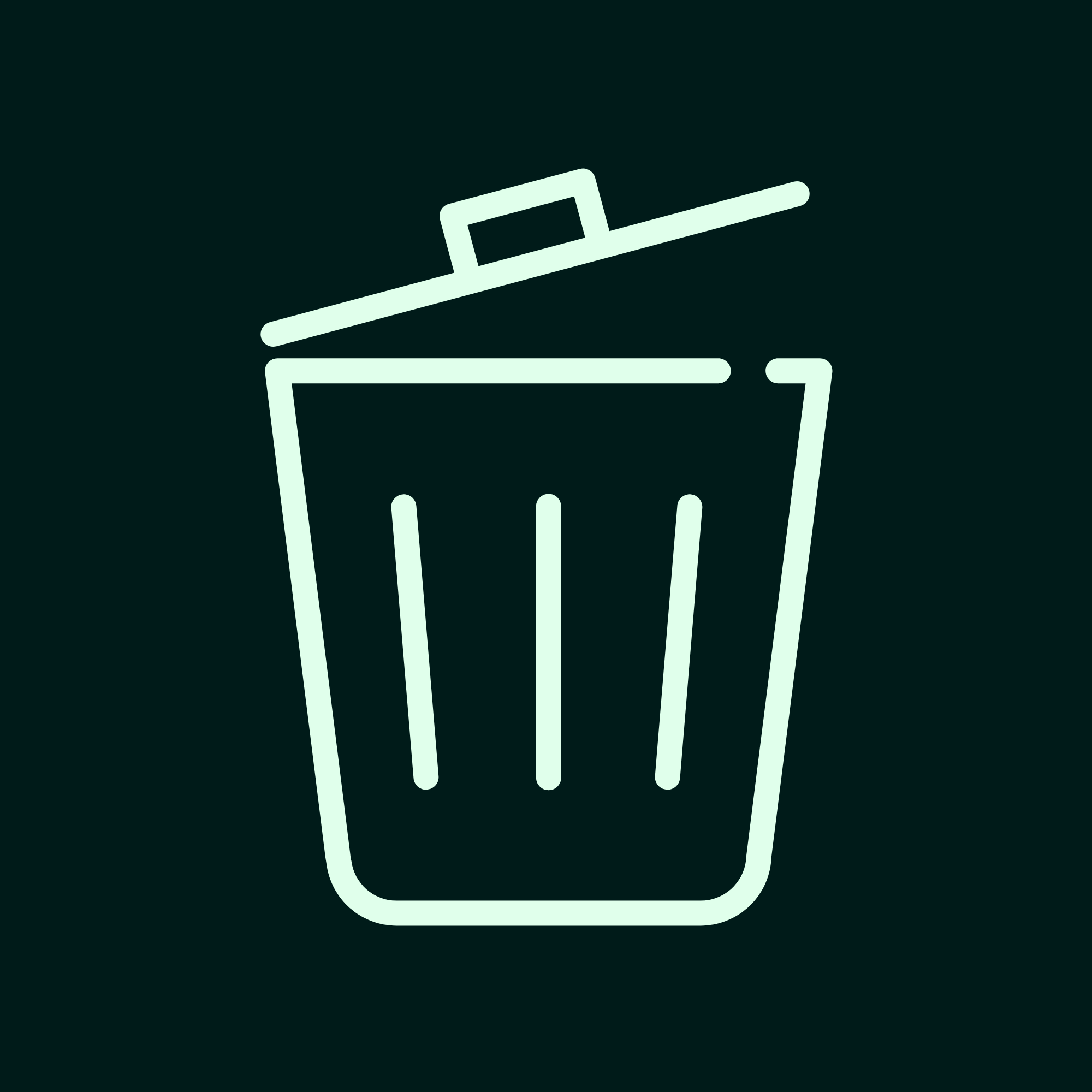 Minimalist icon of a trash can with a tilted lid, in white on a dark background.