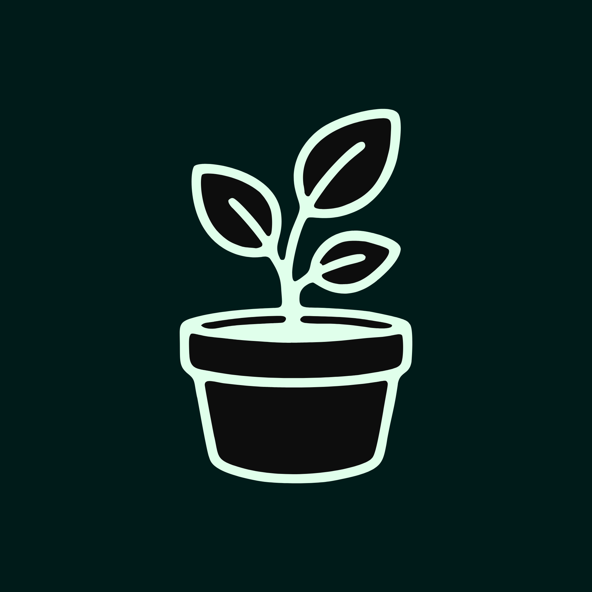 Minimalist illustration of a plant with leaves in a pot on a dark background.