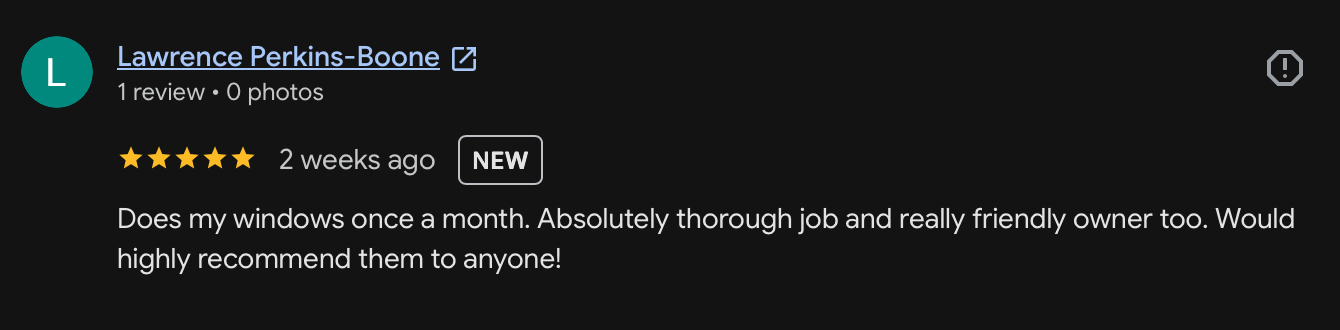 Screenshot of a Yelp review for a window cleaning service, showing five stars, a review by Lawrence Perkins-Boone, dated two weeks ago, praising the thorough job and friendly owner.