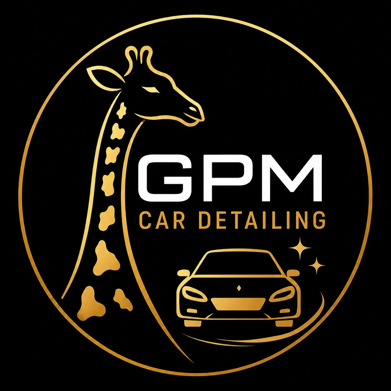Logo for GPM Car Detailing featuring a stylized giraffe, a car, stars, and gold and white text on a black background.