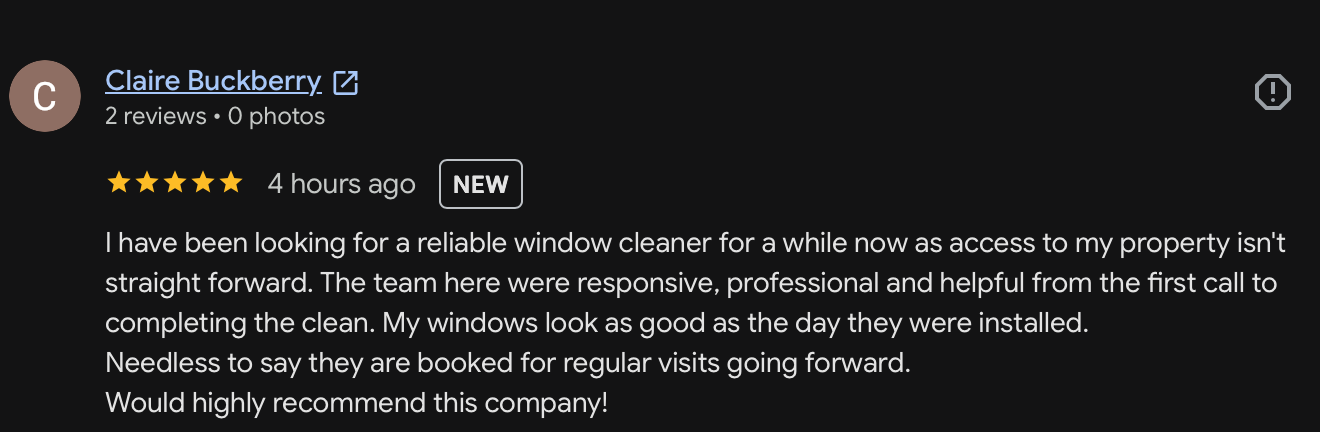 Screenshot of a 5-star review for a window cleaning company on a digital platform. The reviewer praises the company's professionalism and responsiveness.