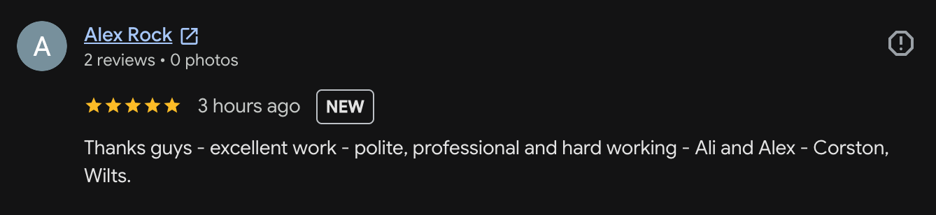 Review comment from Alex Rock praising Ali and Alex Corston in Wilts for excellent, polite, professional, and hardworking work.