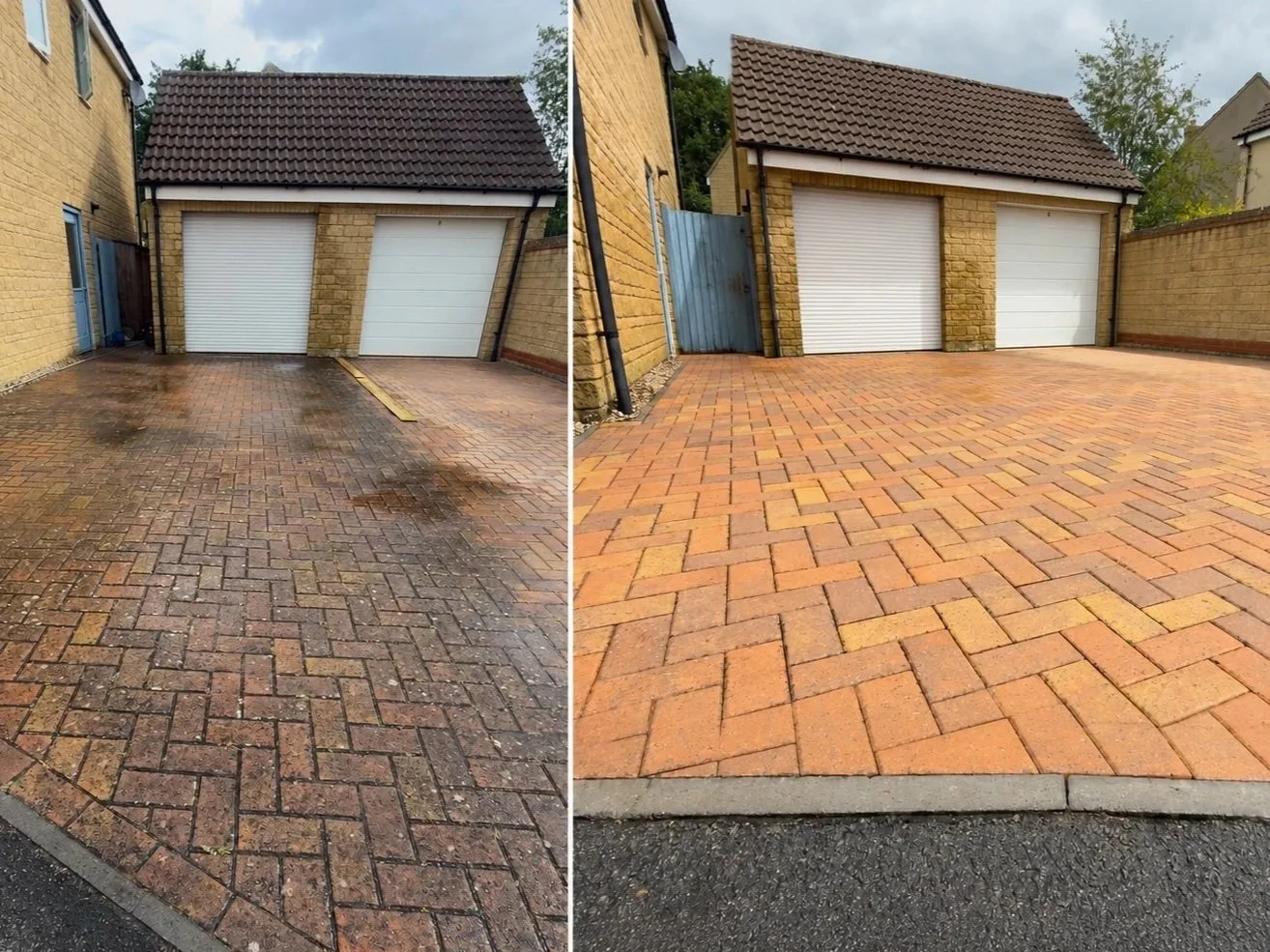 Comparison of a dirty, wet brick driveway on the left before cleaning and a clean, dry brick driveway on the right after cleaning.
