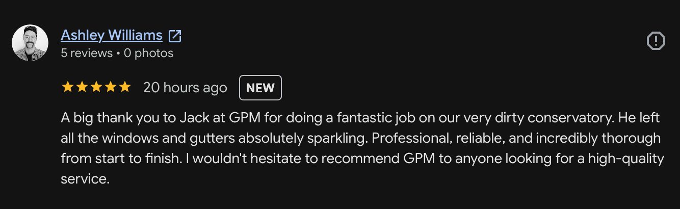 A handwritten Google review praising Jack at GPM for cleaning a dirty conservatory, highlighting the sparkling windows and gutters and recommending the service.