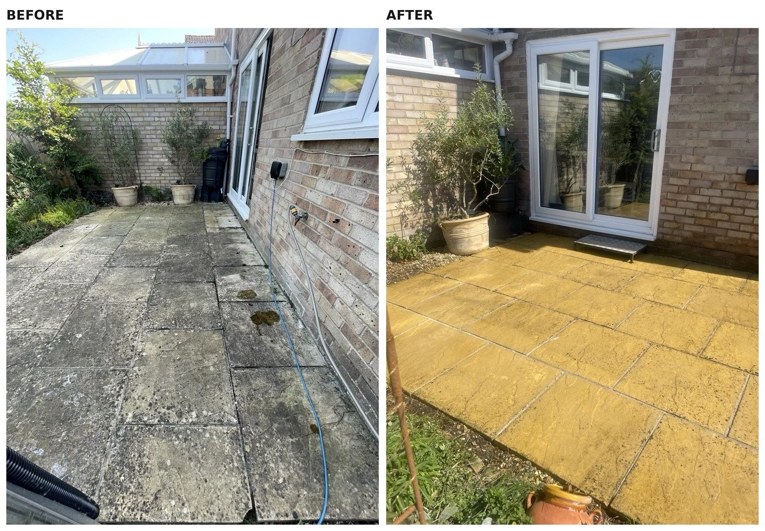 Comparison of a small backyard patio before and after cleaning and renovation, showing dirty, moss-covered paving stones on the left and clean, yellowish paving stones on the right, with potted plants nearby.