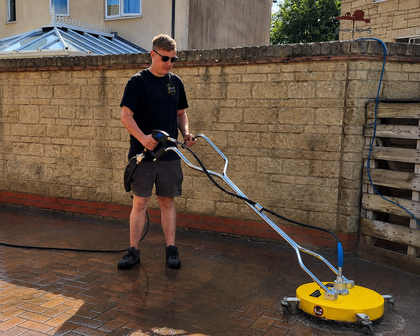 Professional block paving pressure washing using a surface cleaner