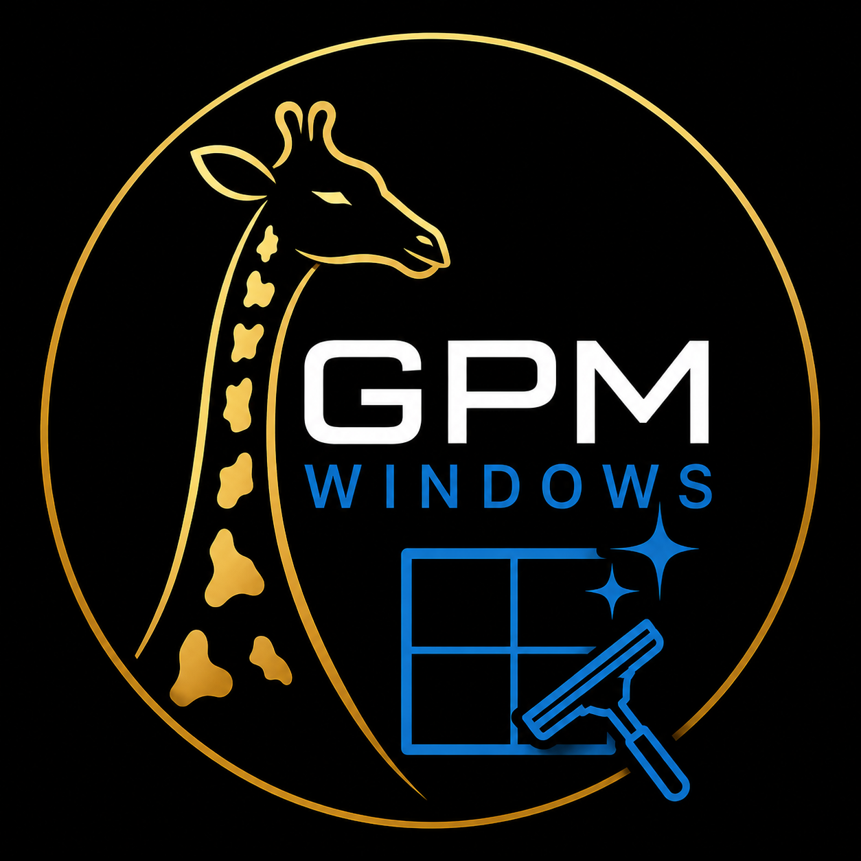 Neon sign with a giraffe head outline, the text 'GPM Windows' in white and blue, a window cleaning squeegee and sparkles, all on a black background.