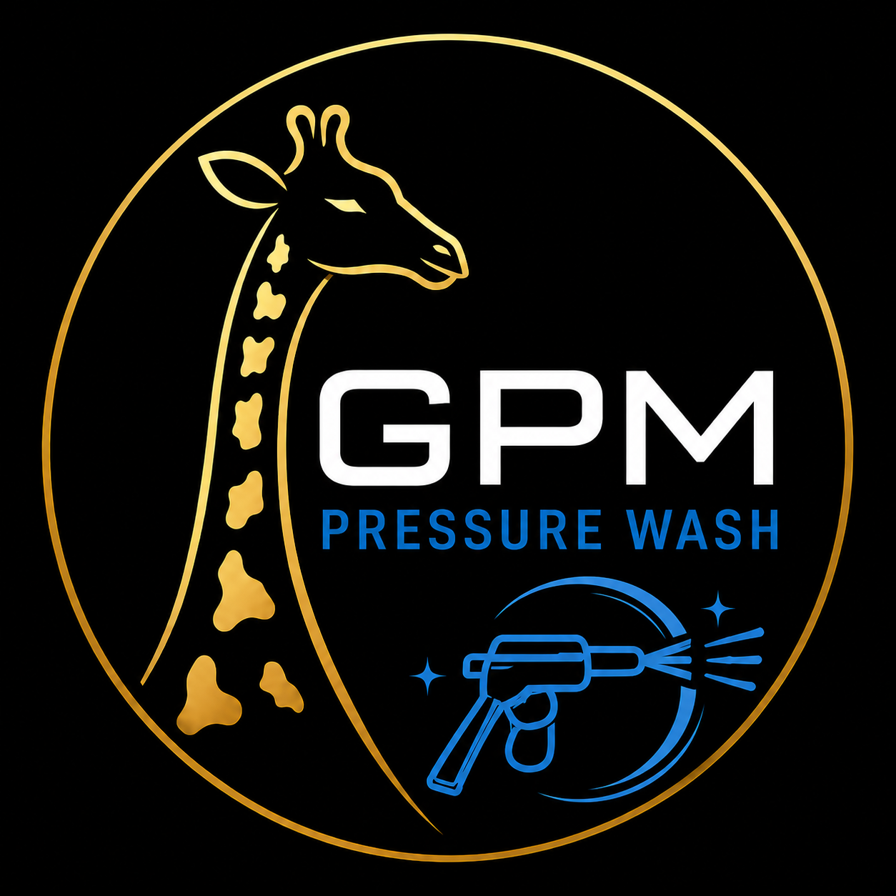A circular logo with a giraffe illustration on the left, the text 'GPM' in large white letters, and 'Pressure Wash' in blue below, featuring a blue pressure washing gun icon at the bottom right.
