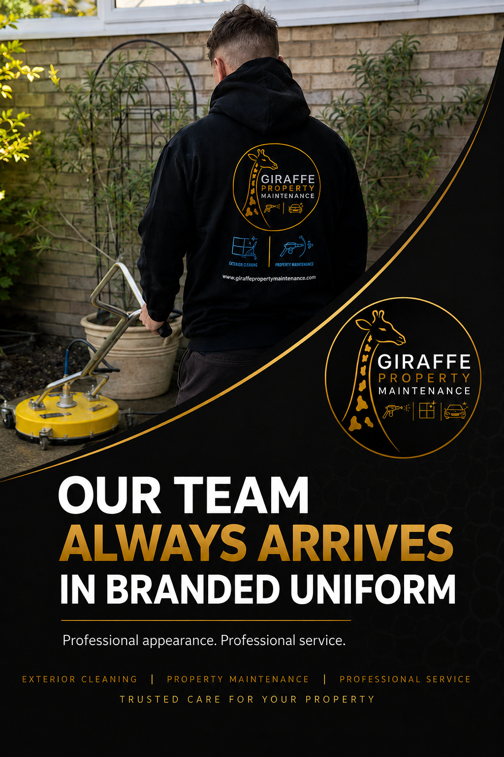 A person in a black branded uniform standing in front of a brick wall with plants, holding a piece of equipment, promoting Giraffe Property Maintenance.