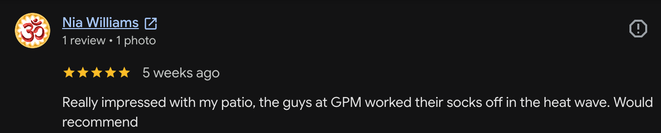 Screenshot of a Google review by Nia Williams. It includes a profile picture with an Om symbol, a 5-star rating, and a review praising the service at GPM for working in the heat.