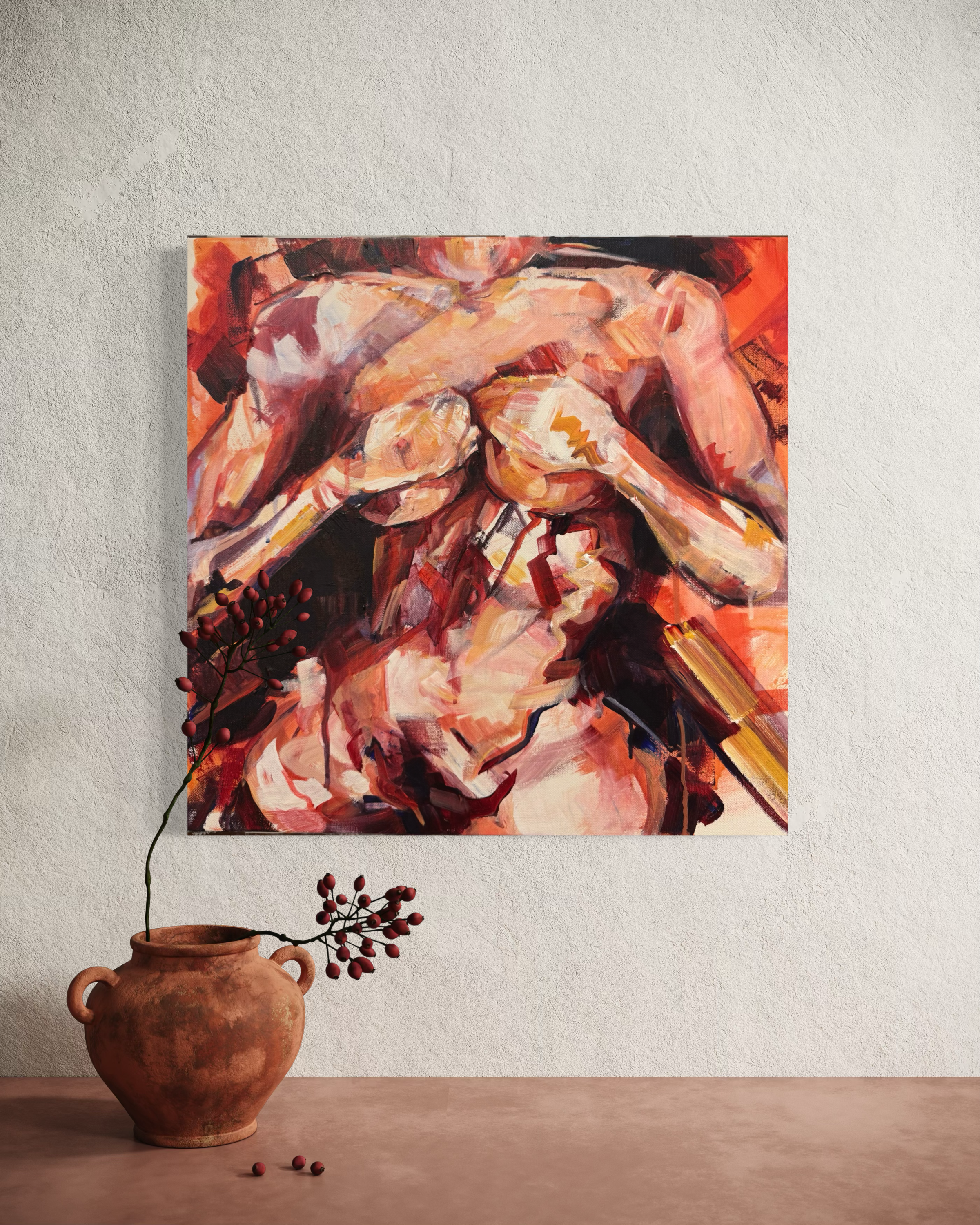	

Artwork by Carmen Refsnes. Bikini Nudie series. Acrylic on Canvas. 20x20. Features abstarct nude with nervous hands amongst breasts. Micheal Simon, New York Bikini adroned. Removable Bikini art. Adhered with magnets. $3500. Mixed media art. Bare. 