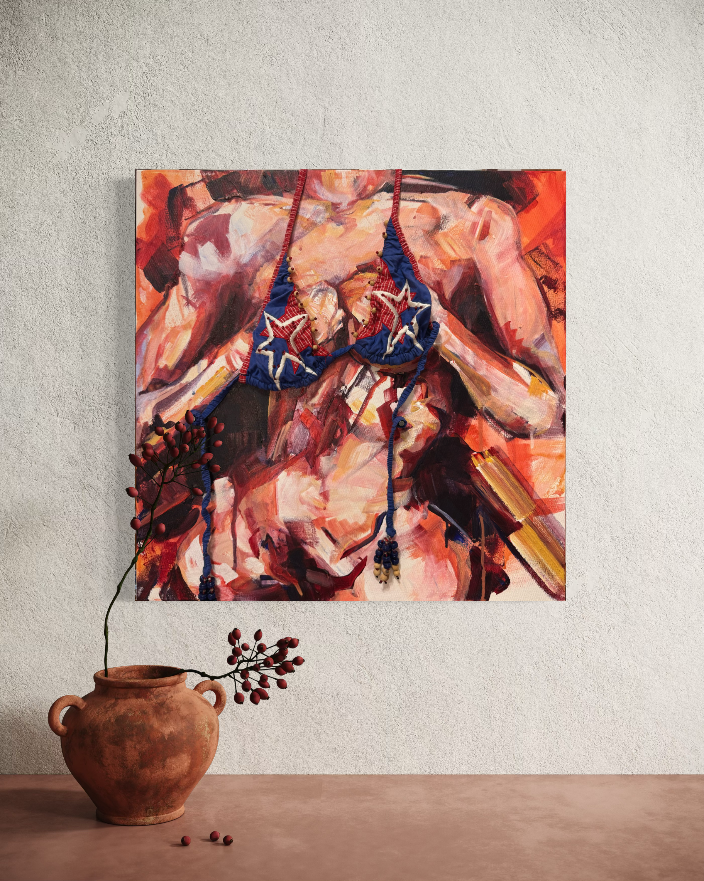 Artwork by Carmen Refsnes. Bikini Nudie series. Acrylic on Canvas. 20x20. Features abstarct nude with nervous hands amongst breasts. Micheal Simon, New York Bikini adroned. Removable Bikini art.  Adhered with magnets. $3500. Mixed media art. 
