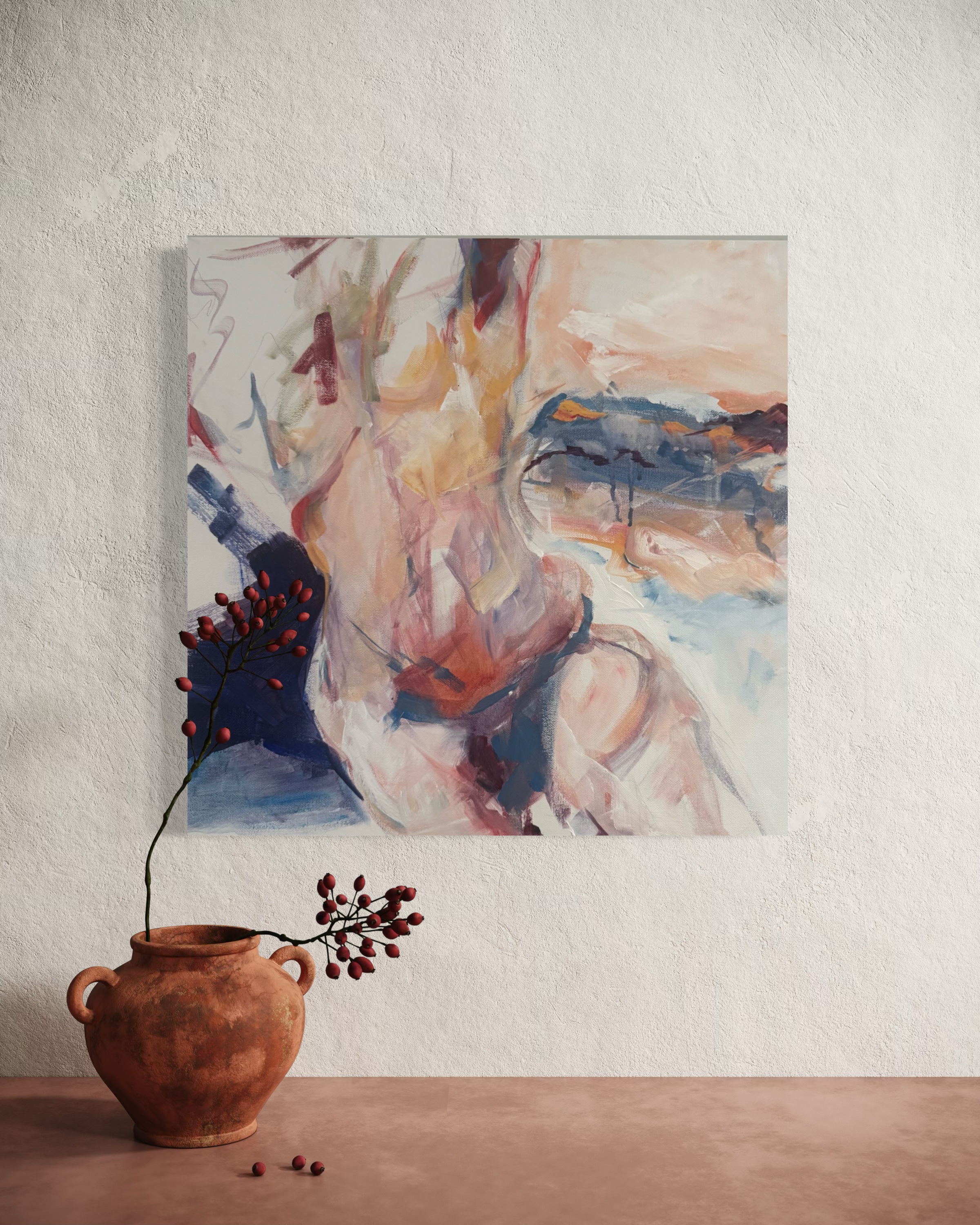 Bikini Nudie Series or Nudie Bikini Series. Interchangable. Interactive painting. Acrylic on canvas. 20x20. Features a vintage sample size small bikini by Micheal Simon, New York. Movable and removable. Mixed media art by Carmen Refsnes in 2026. 