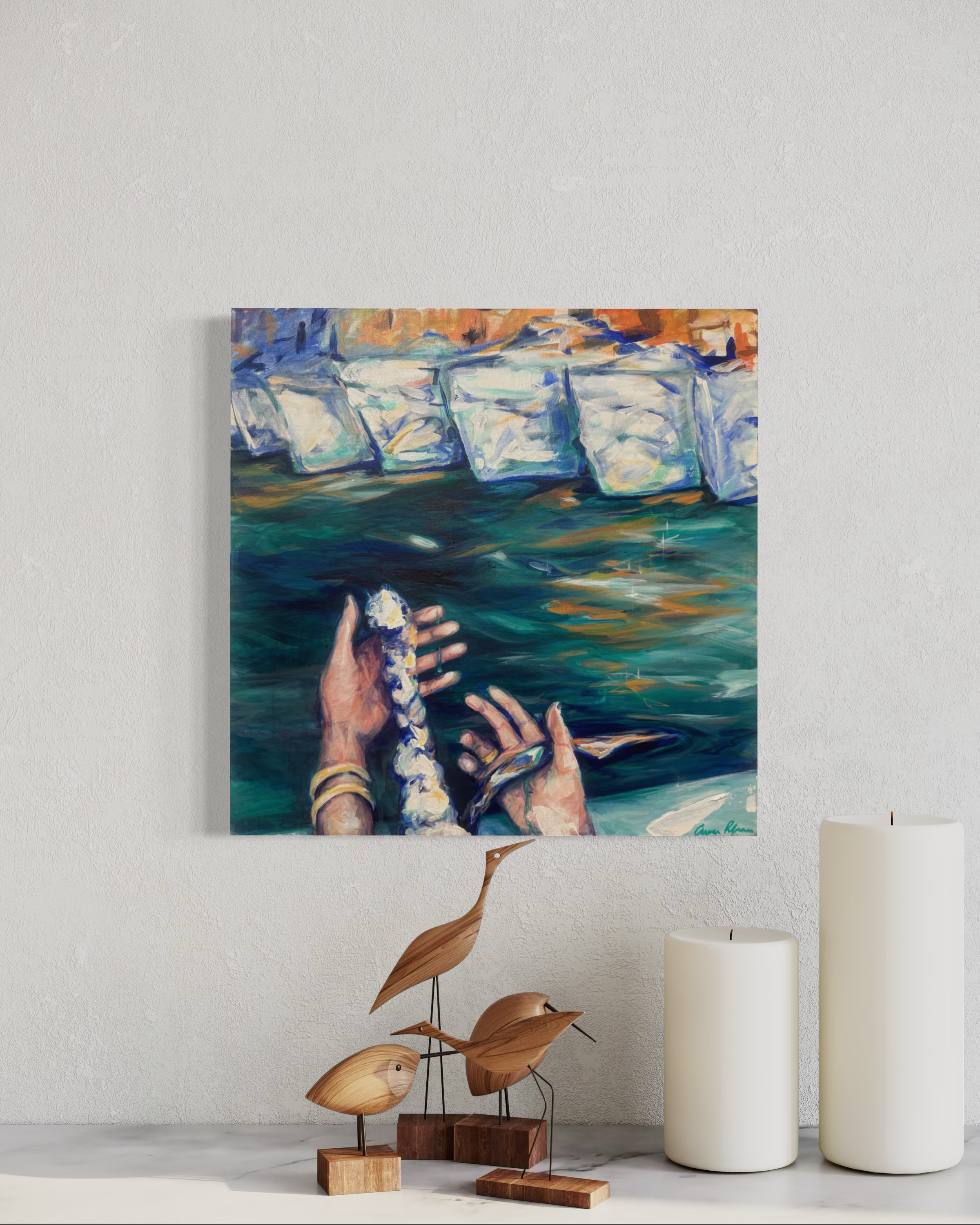 At Her Ropes End. A Pegasus Polo, fourth edition. Features the artists hands as she makes life changing decisions. Yacht painting. One of these boats will pull me in. Acrylic on canvas. 20x20. $3500. 