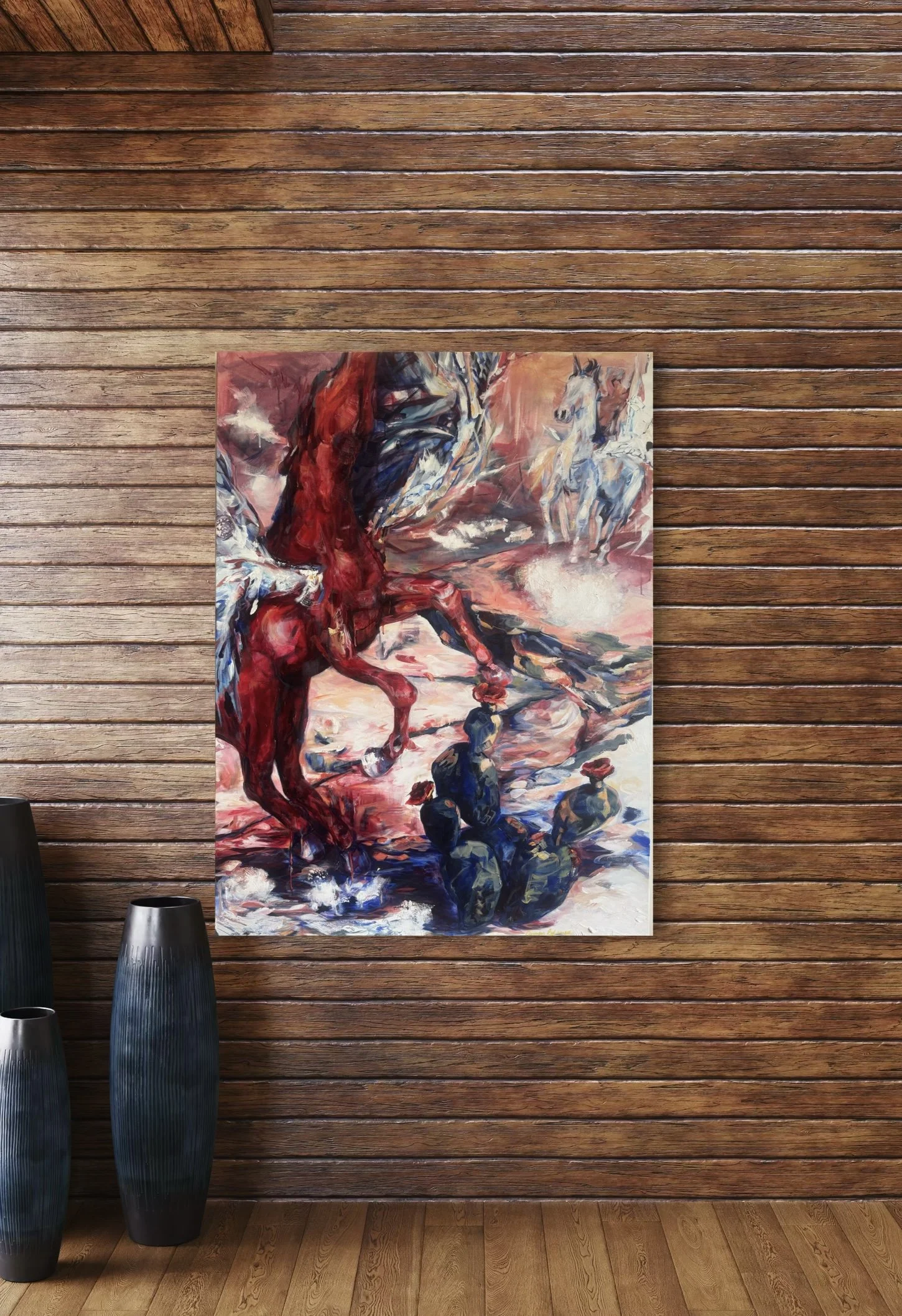 Pegasus Polo, War. Acrylic on Canvas. 36x48. Artwork painted by Carmen Refsnes in 2026.