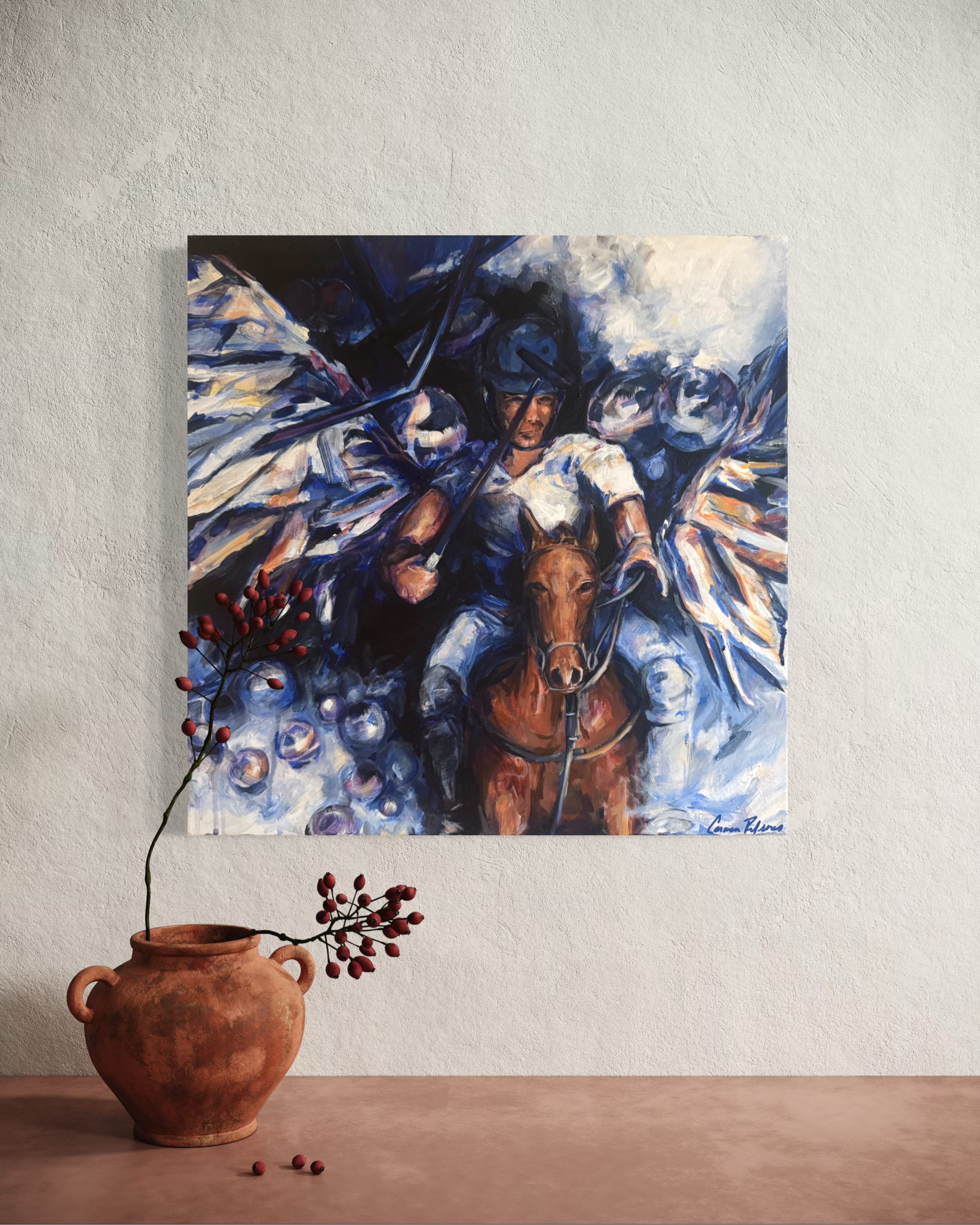 Pegasus Polo II. Eric Johnstone edit. Acrylic on canvas. 20x20. Painting by Carmen Refsnes. 2026. Sold for $3500.