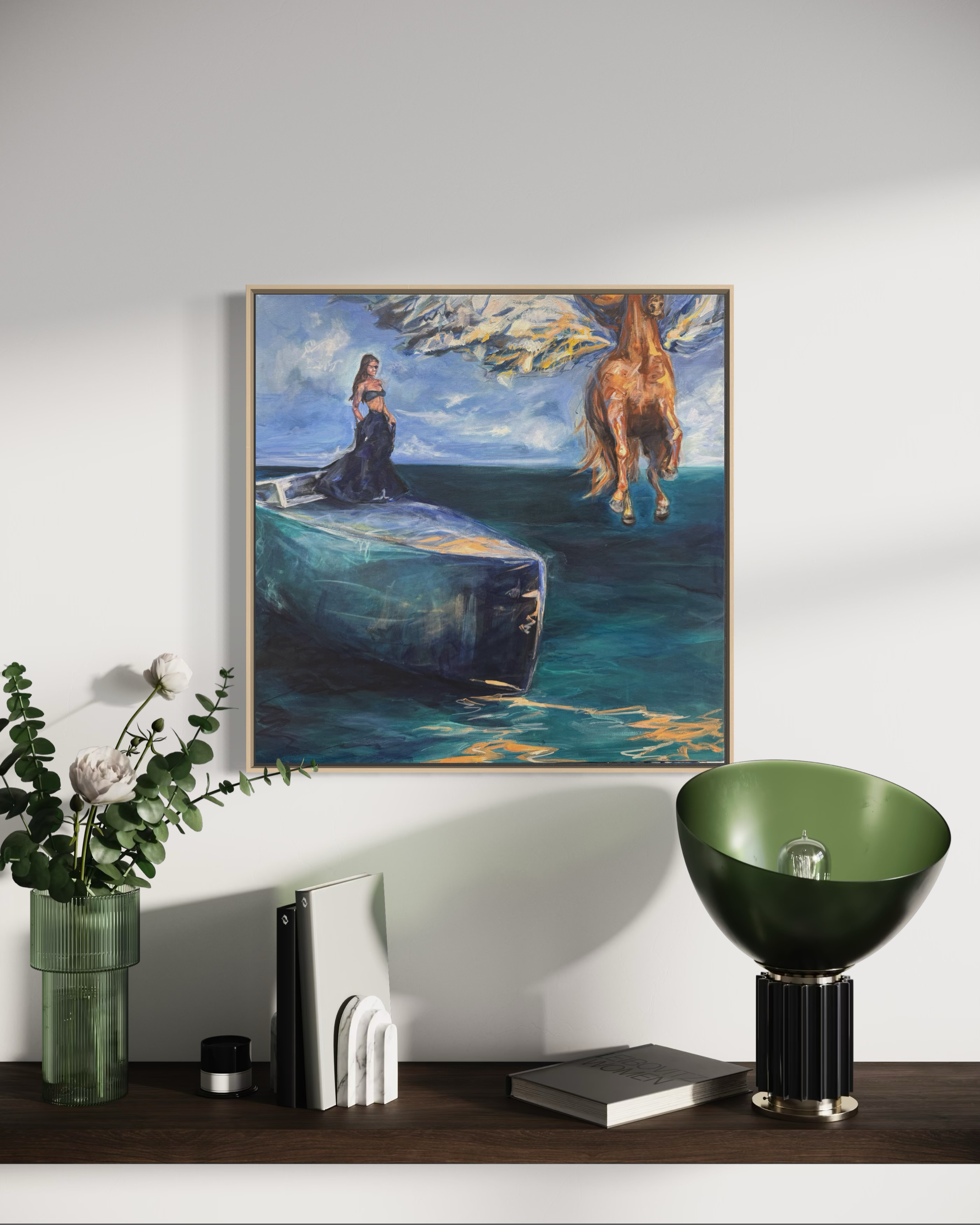 Pegaus Polo. Acrylic on canvas. 20x20. By Carmen Refsnes, 2026.