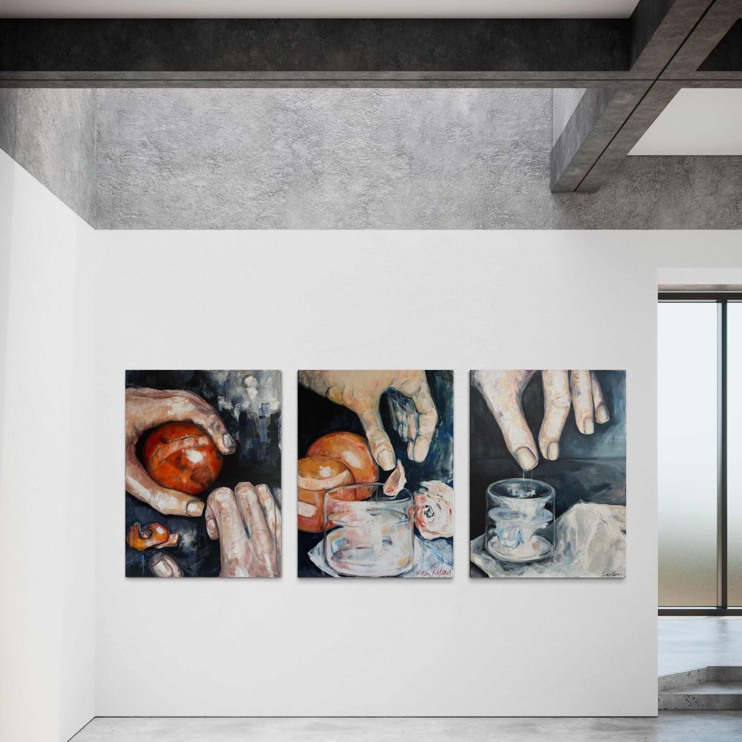 Contemporary art gallery featuring three paintings of hands. Balance of Power. He's Got the Whole World in His Hands, Chpices and Sleeping Beauty, By Contemporary Artist, Carmen Refsnes. Fine art.