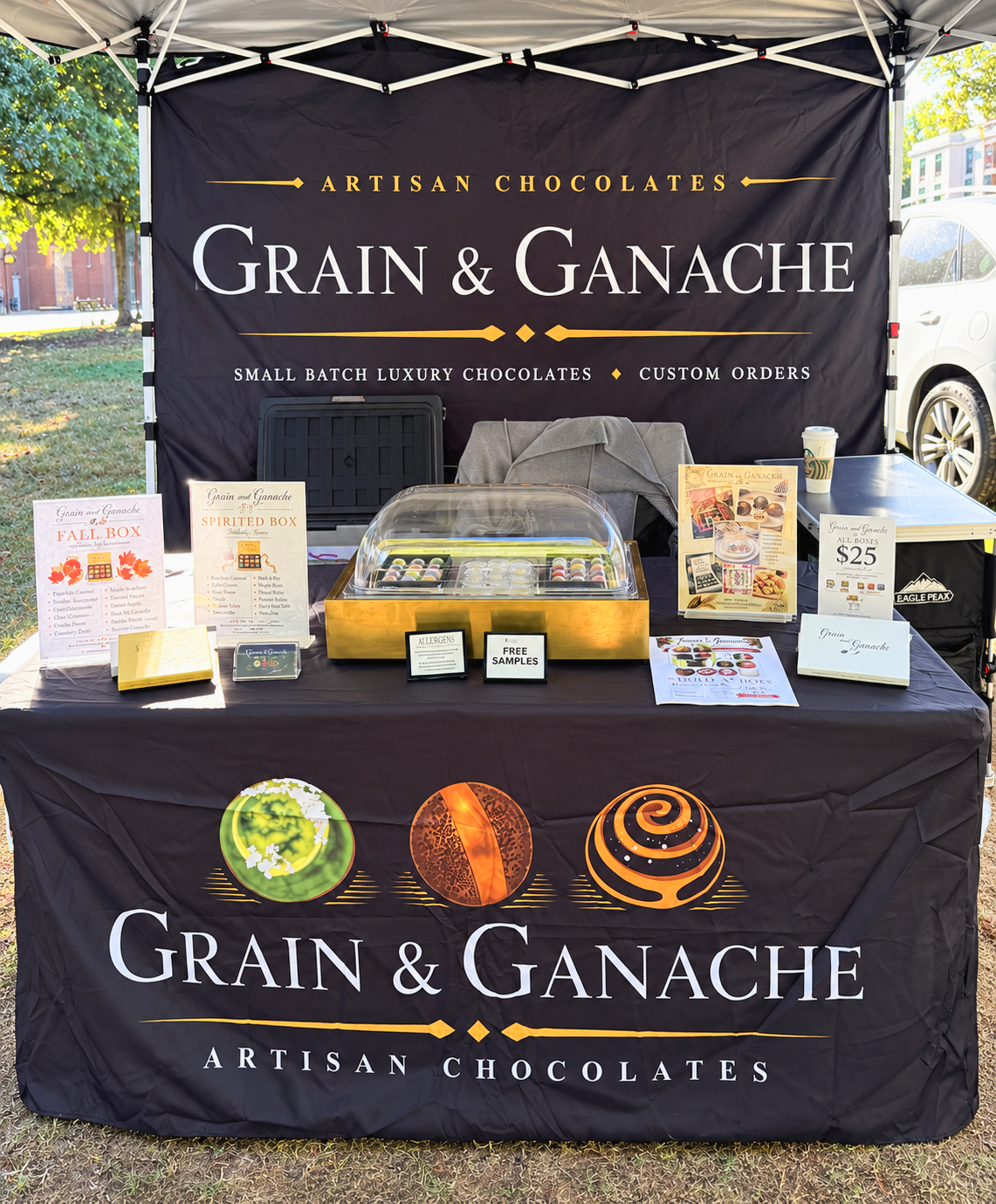 Grain and Ganache market booth with artisan chocolates on display
