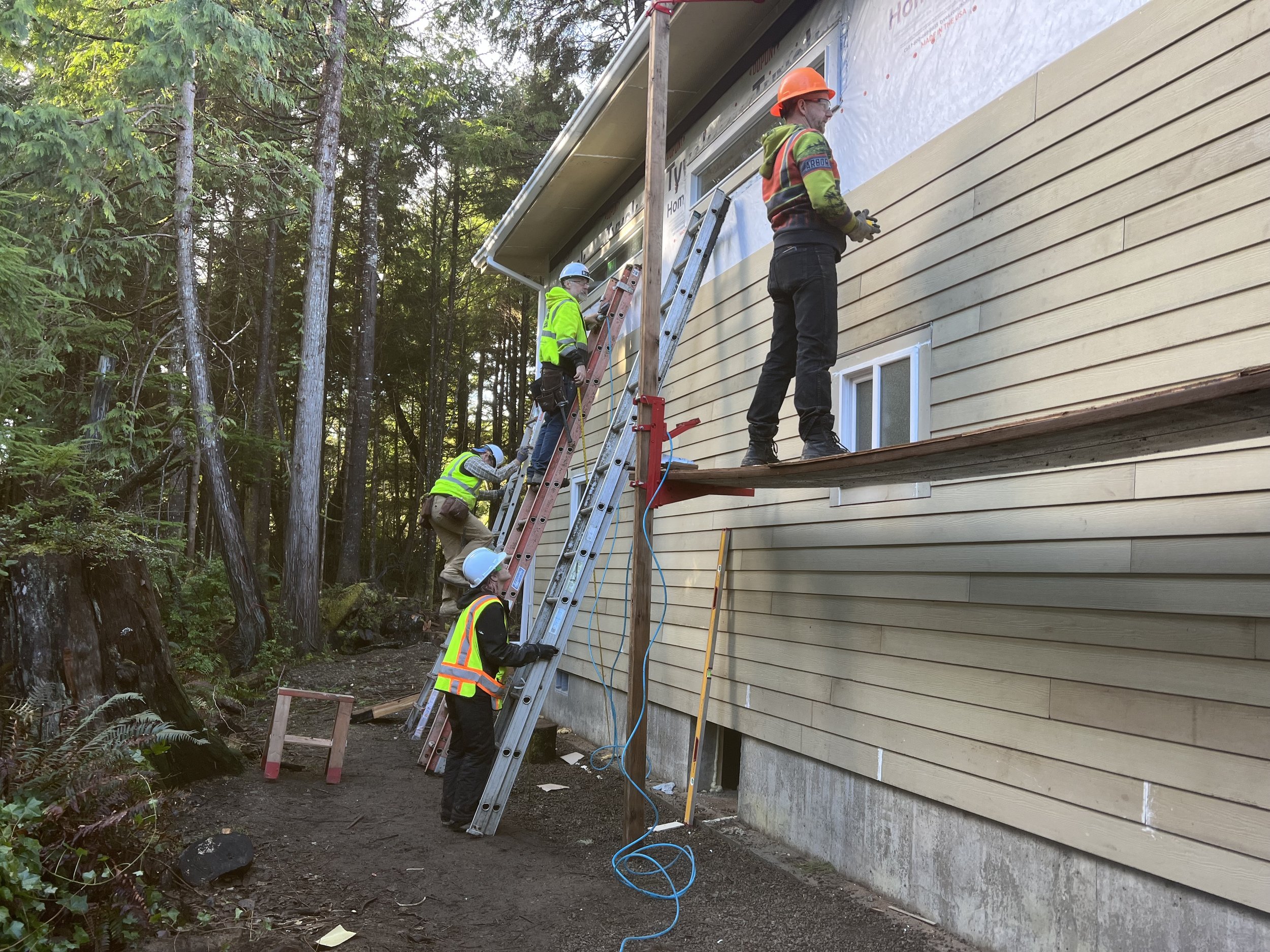 Construction workers installing siding on a house in a wooded area, using ladders and safety equipment.