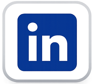 LinkedIn logo with blue background and white lowercase letters 'in'. Click to go to the LinkedIn page.