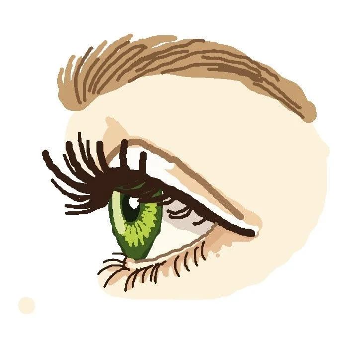 Illustration of a human eye with a green iris and long eyelashes, and a brown eyebrow. Online CEUs in New York State