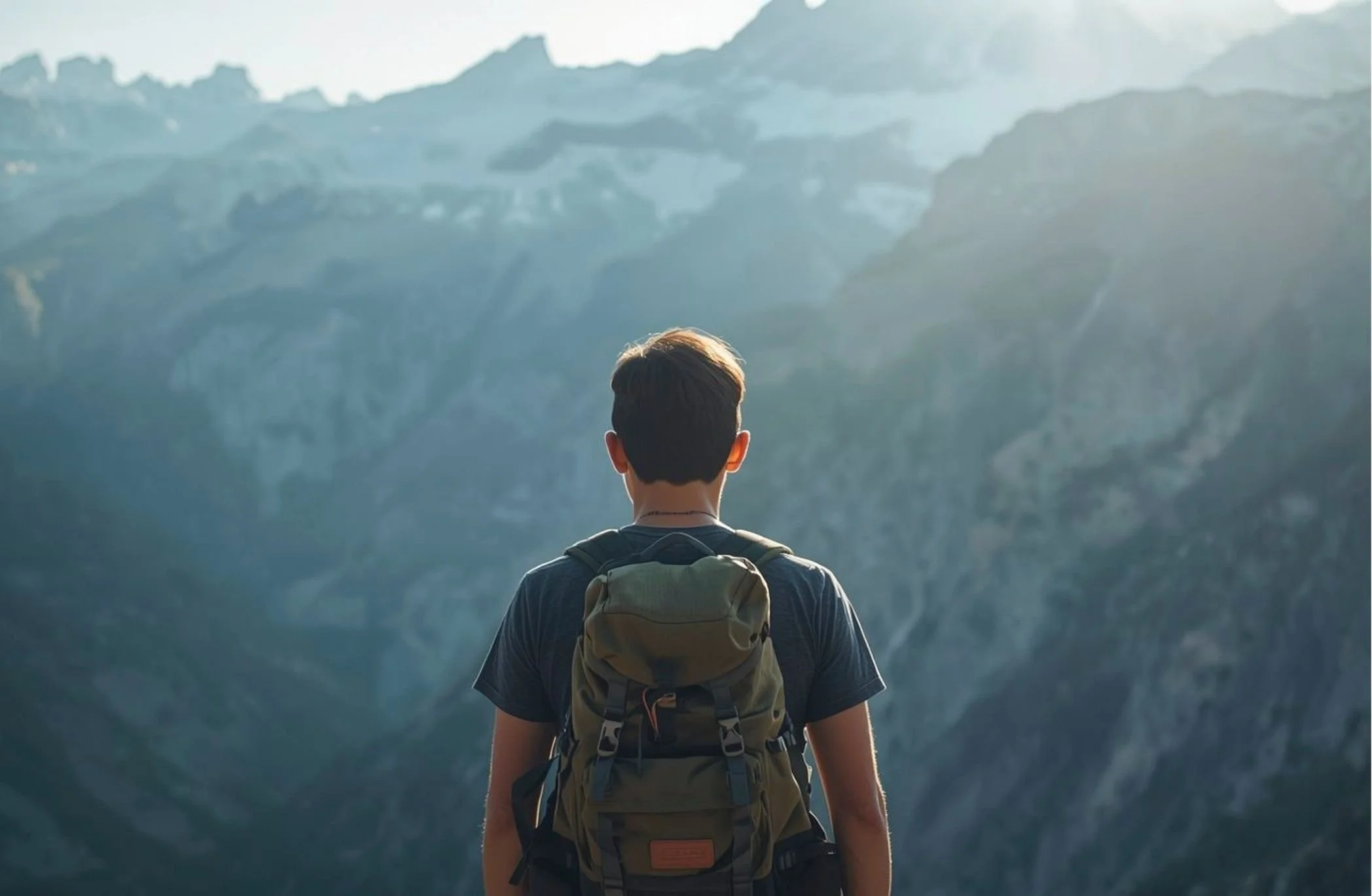 A person with short hair, wearing a backpack, standing on a mountain trail, looking at a mountain range with rocky peaks in the distance.