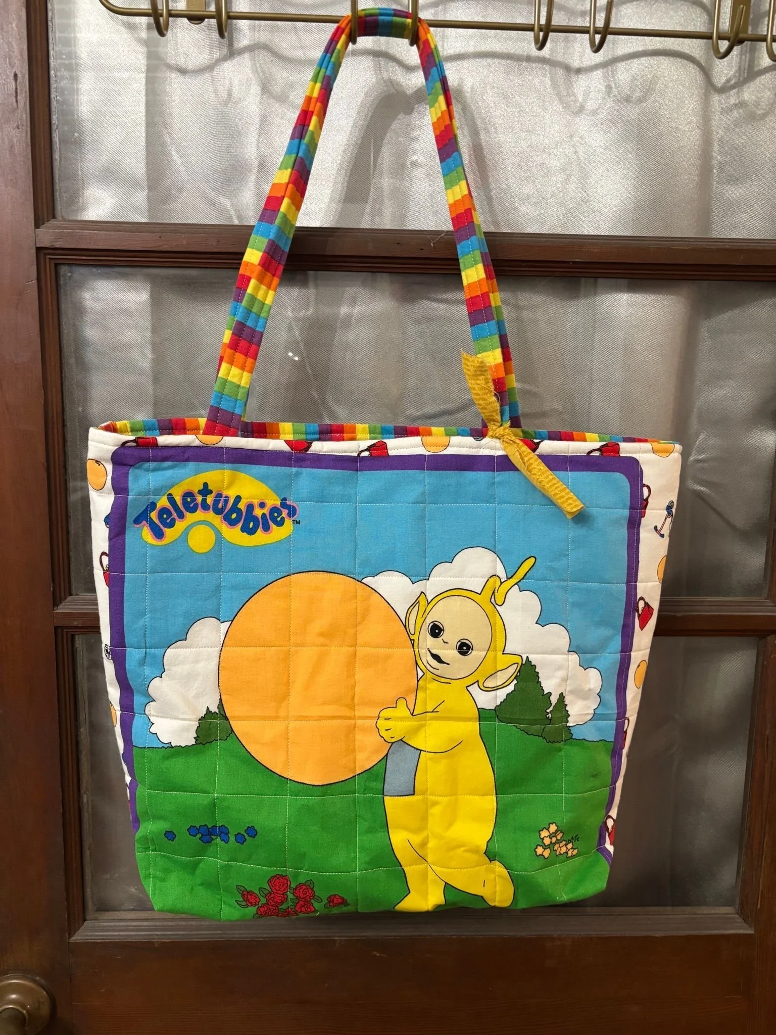 14X17 Vintage quilted tote bag, with pockets. Yellow teletubbies.