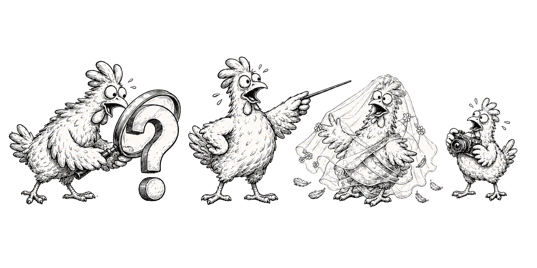 Skizze von vier Hühnern mit verschiedenen Gegenständen: das erste Huhn hält eine große Fragezeichen, das zweite Huhn zeigt mit einem Stock auf ein Netz, das das dritte Huhn in einem Kleid mit Blumenmuster versteckt, das vierte Huhn hat eine Kamera in den Flügeln.