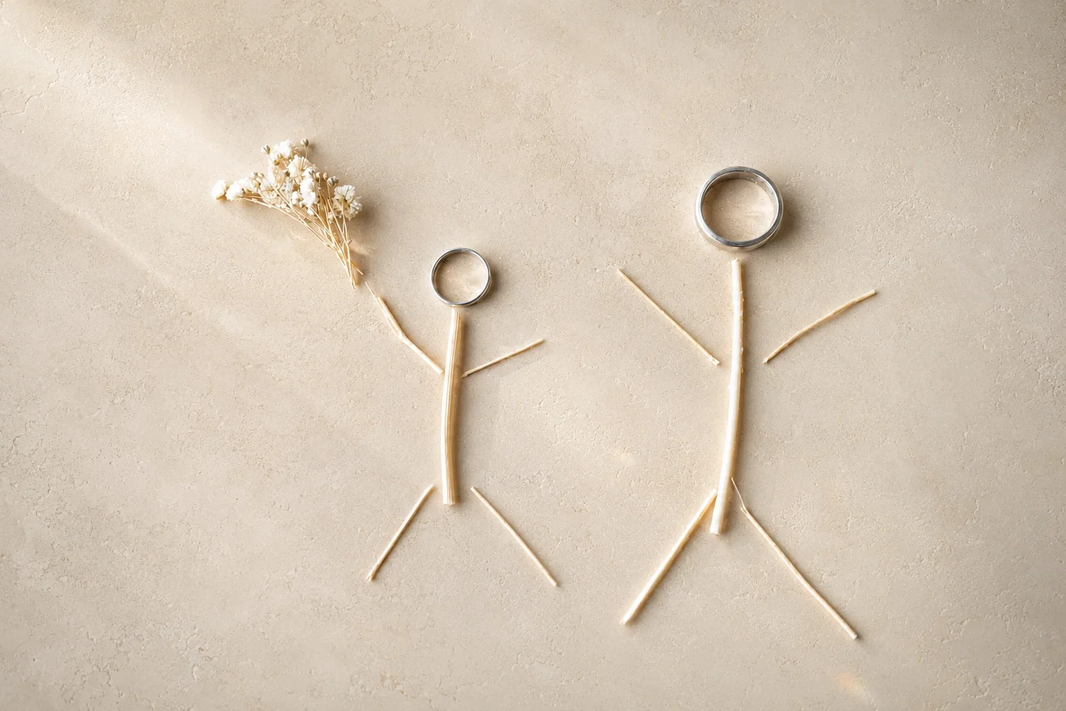 Zwei Ringe, die wie Figuren mit Makkaroni, einem Streifen Käse und einem kleinen Zweig als Haare gestaltet sind, auf einer hellen Oberfläche arrangiert.