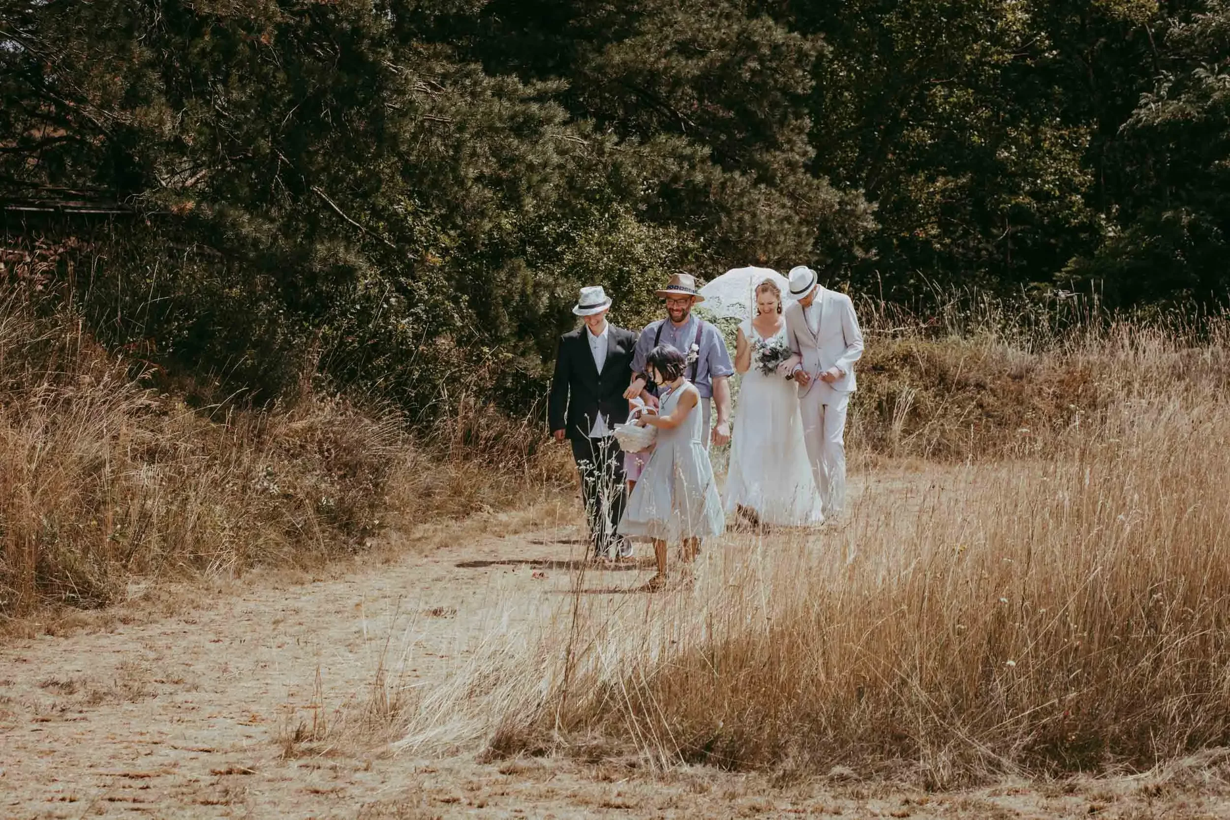 Eine Gruppe von fünf Menschen, darunter ein Brautpaar, geht auf einem Feldweg durch eine ländliche Umgebung. Sie tragen Sommerkleidung und Hüte, das Brautpaar hält einen weißen Regenschirm.