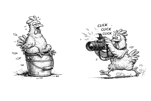 Zwei cartoonartige Hühner: Eines sitzt in einer Wanne, das andere fotografiert mit einer Kamera.