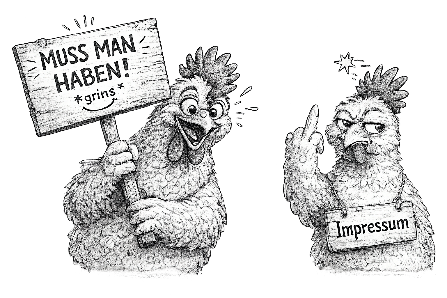 Zeichnung von zwei anthropomorphen Hühnern, das eine hält ein Schild mit der Aufschrift 'MUSS MAN HABEN! *grins*', das andere trägt ein Namensschild mit 'Impressum' und zeigt mit der Hand den Mittelfinger, beide haben ausdrucksstarke Gesichtsausdrücke.