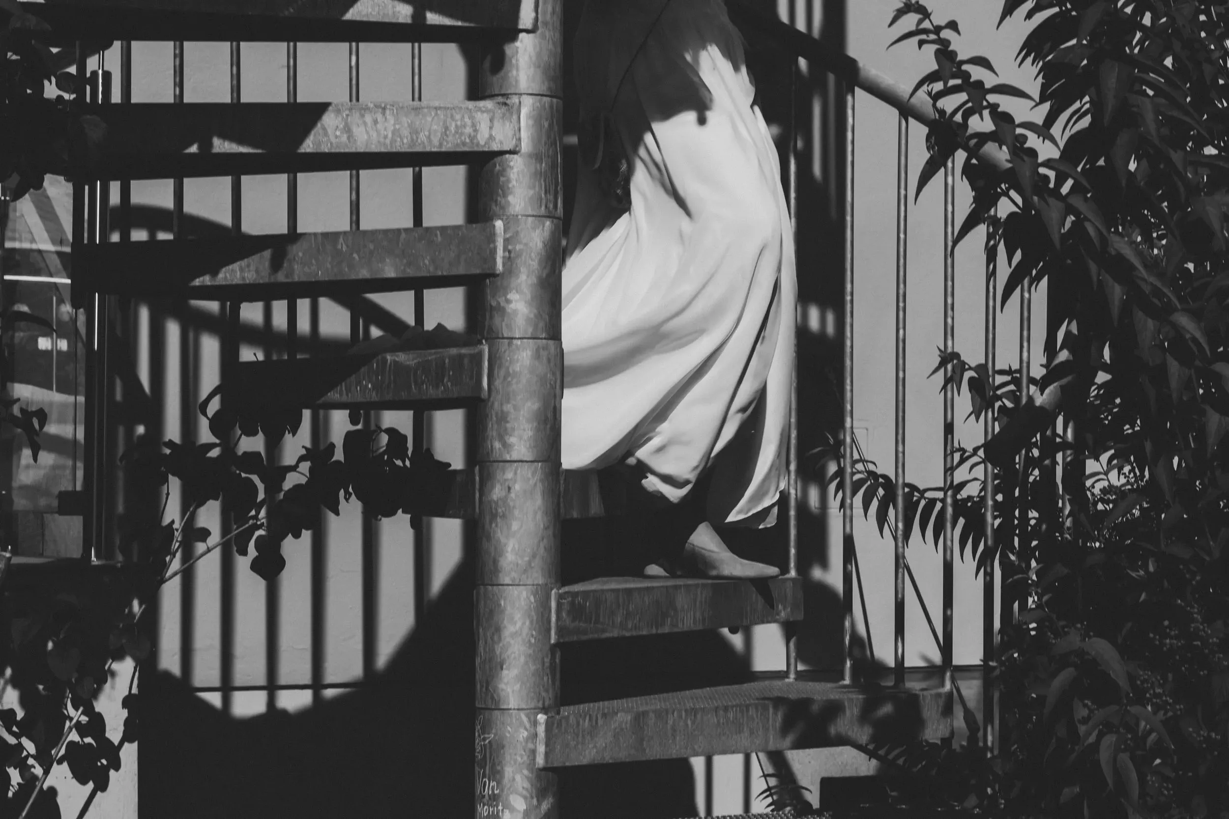 Schwarzes und weißes Foto eines Körpers, der hinter einem Metallzaun und einer Treppe halb sichtbar ist, mit Schatten und Pflanzen im Vordergrund