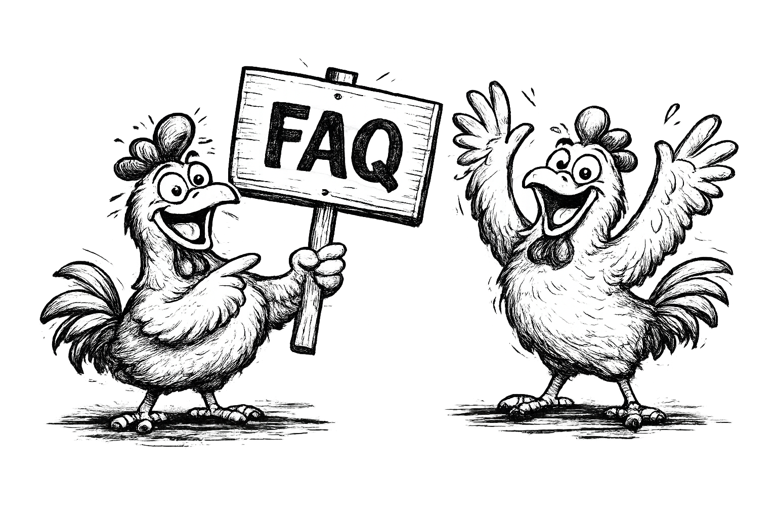 Zwei cartoonartige Hühner, eines hält ein Schild mit dem Wort 'FACK', beide lachen und scheinen sich zu freuen.