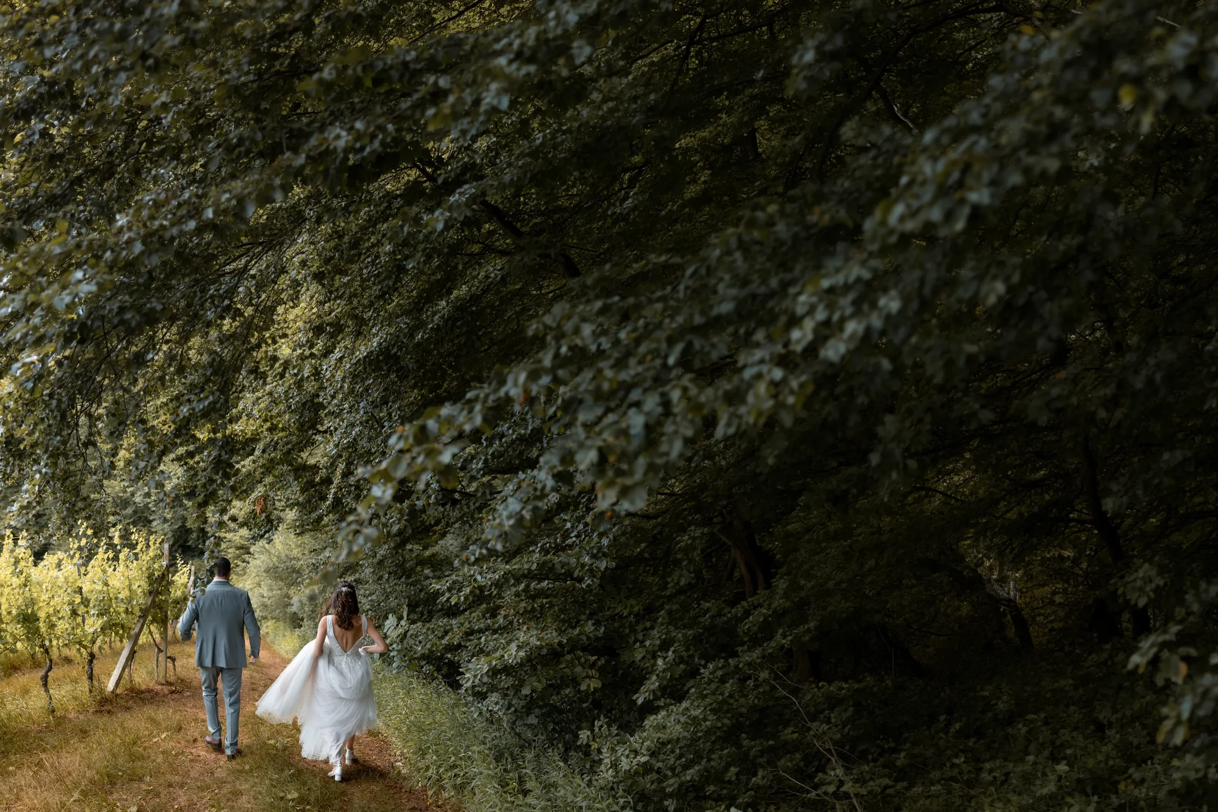 Ein Brautpaar läuft Hand in Hand durch einen Baumweg im Grünen.