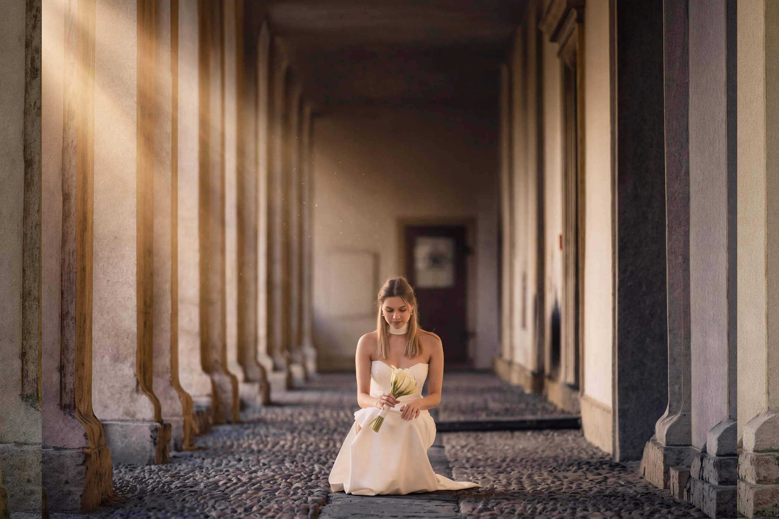 Junge Frau in weißem Brautkleid, sitzt auf den Steinen in einem Bogengang, hält einen Blumenstrauß, Blick nach unten gerichtet, im Hintergrund eine dunkle Halle.