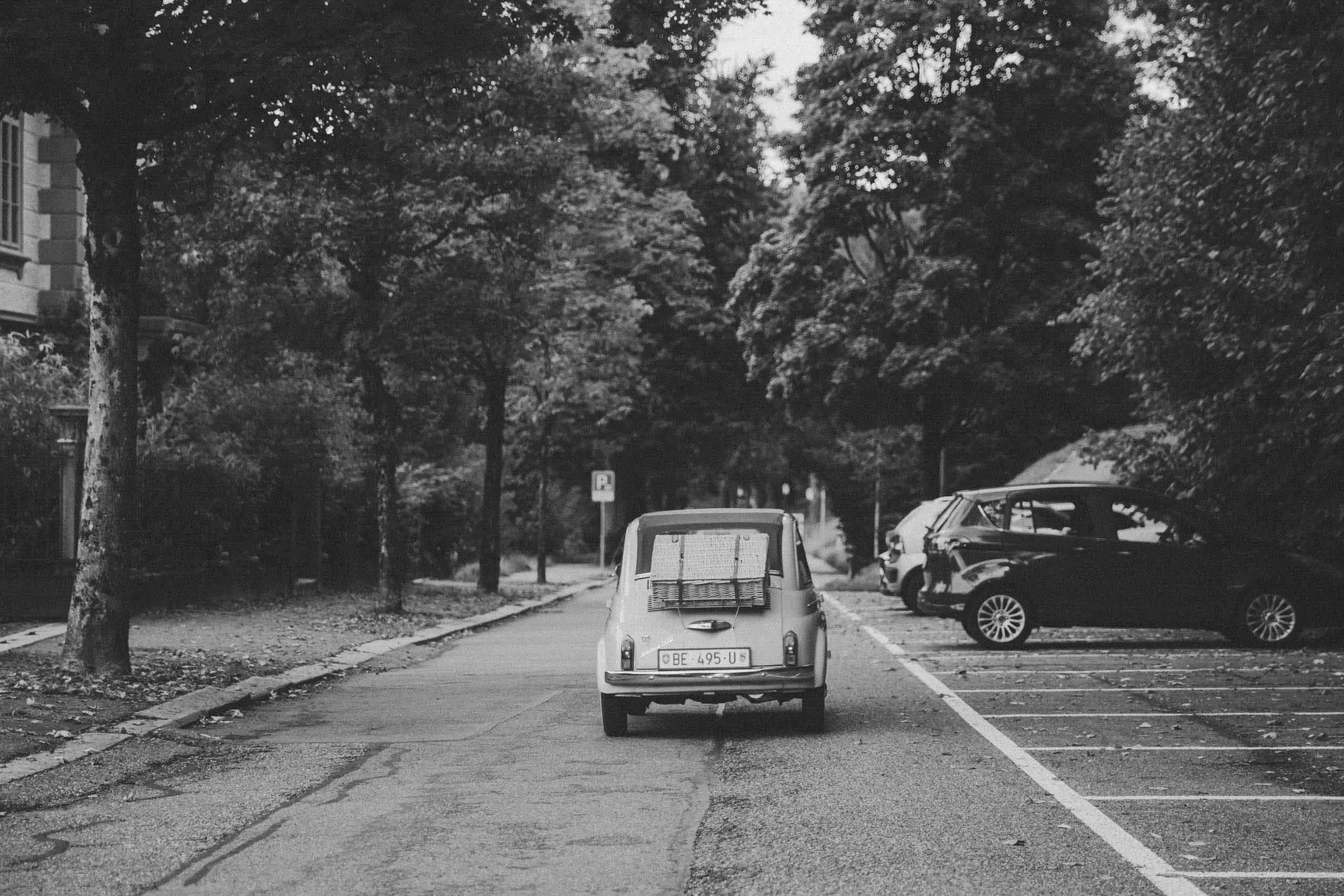Parkplatz mit geparkten Autos und Bäumen an der Straßenseite, in schwarz-weiß aufgenommen.