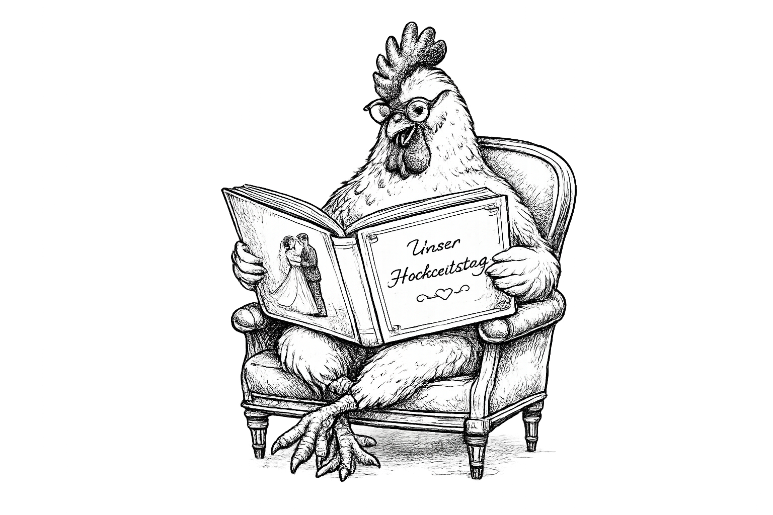 Schwarz-weiß Illustration eines Huhns mit Brille, das auf einem Stuhl sitzt und ein Hochzeitsalbum liest, auf dessen Seite "Unser Hochzeitstag" steht.