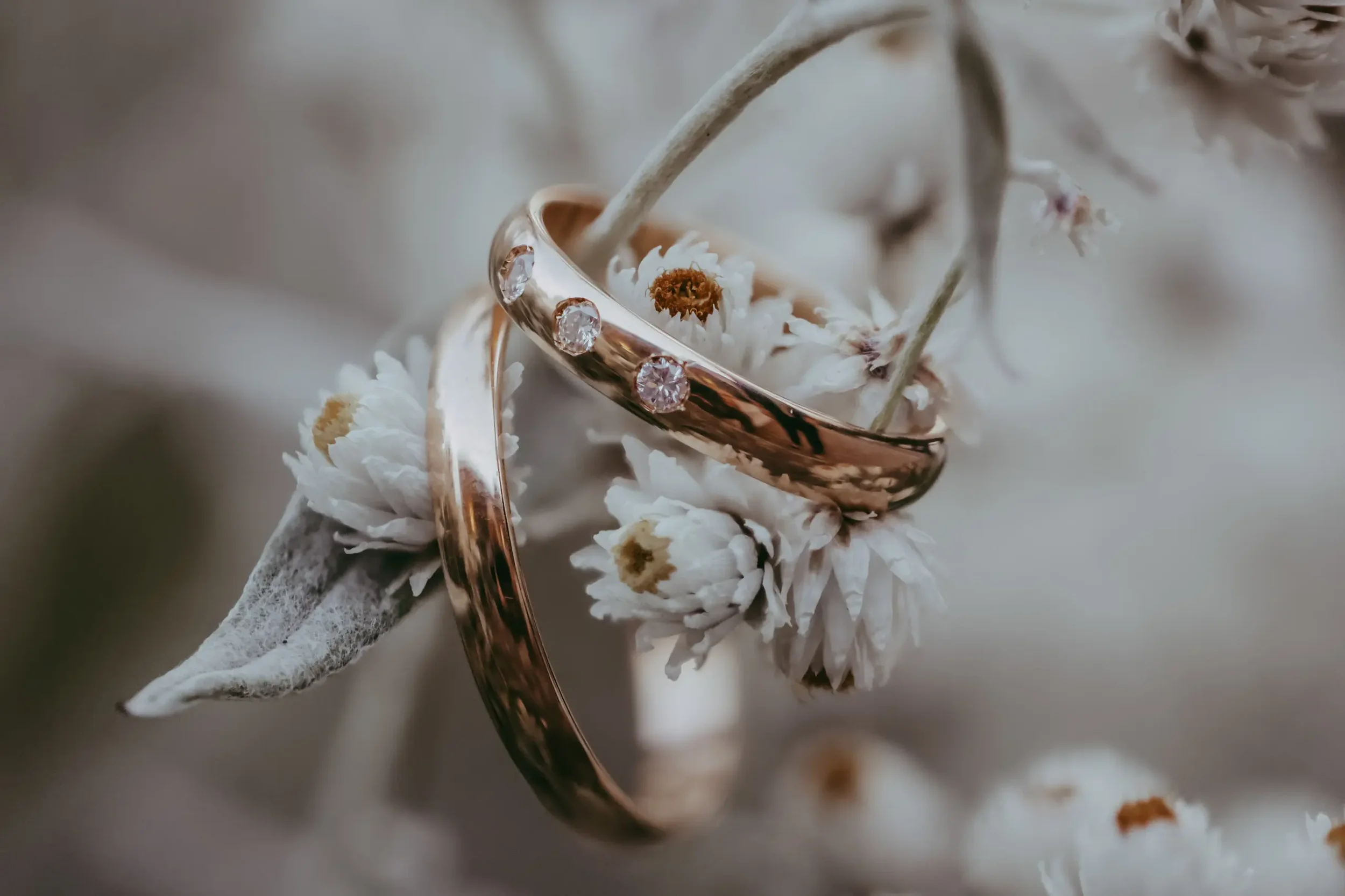 Ring mit Edelsteinen auf weißen Blumen, mit einer Zange gehalten.